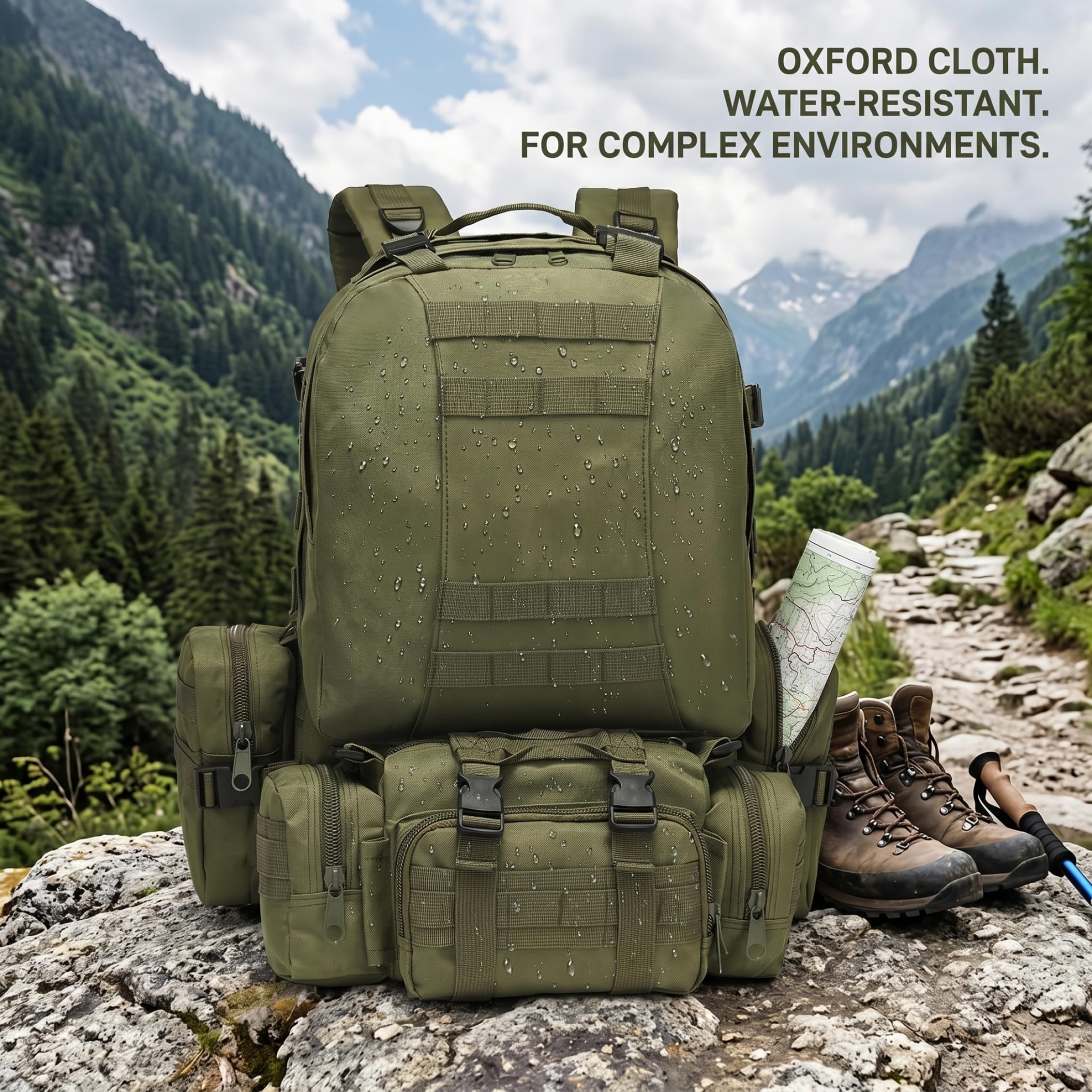 Zaino da trekking e da campeggio impermeabile espandibile da 65 litri con tasche multiple per donna e uomo, verde