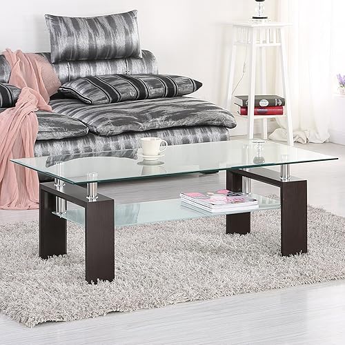 Mesa de centro rectangular de cristal, mesa de centro lateral moderna de nogal con estante inferior, patas de metal, para sala de estar