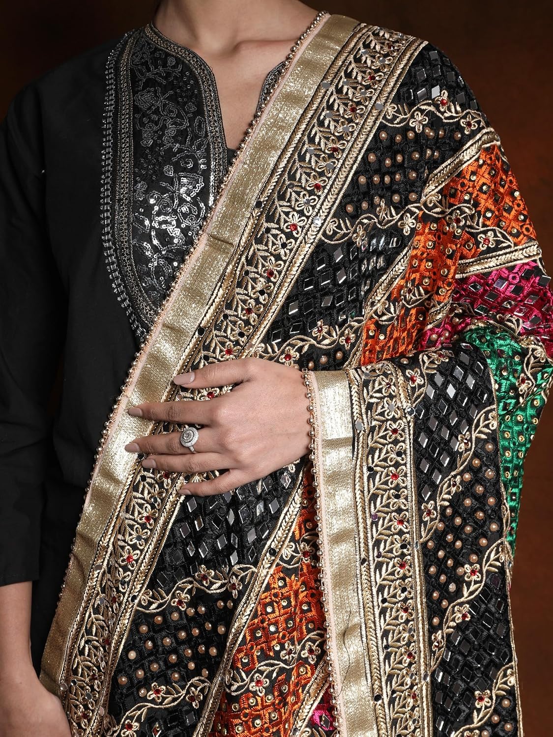 Exotic India Phulkari Embroidered Dupatta from Punjab with Mirrors and Gota Patti Border - Art Silk