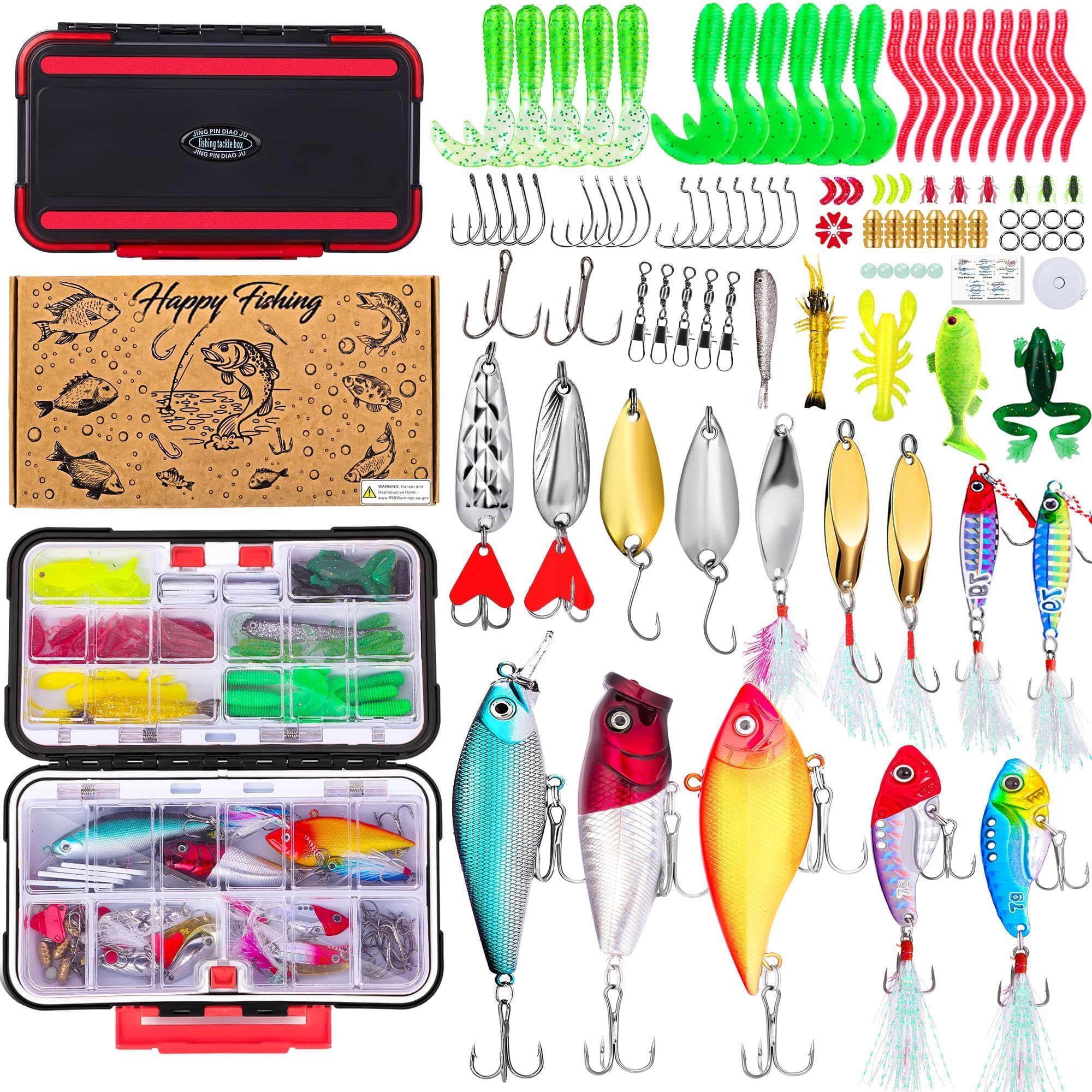 Fishing Lures Kit for Freshwater Tackle Box Kit for Bass Trout, Birthday Gifts for Men Dad Husband Boys Beginner, Bait & Other Accessories Fishing Gear Gifts Ideas 105pcs Black