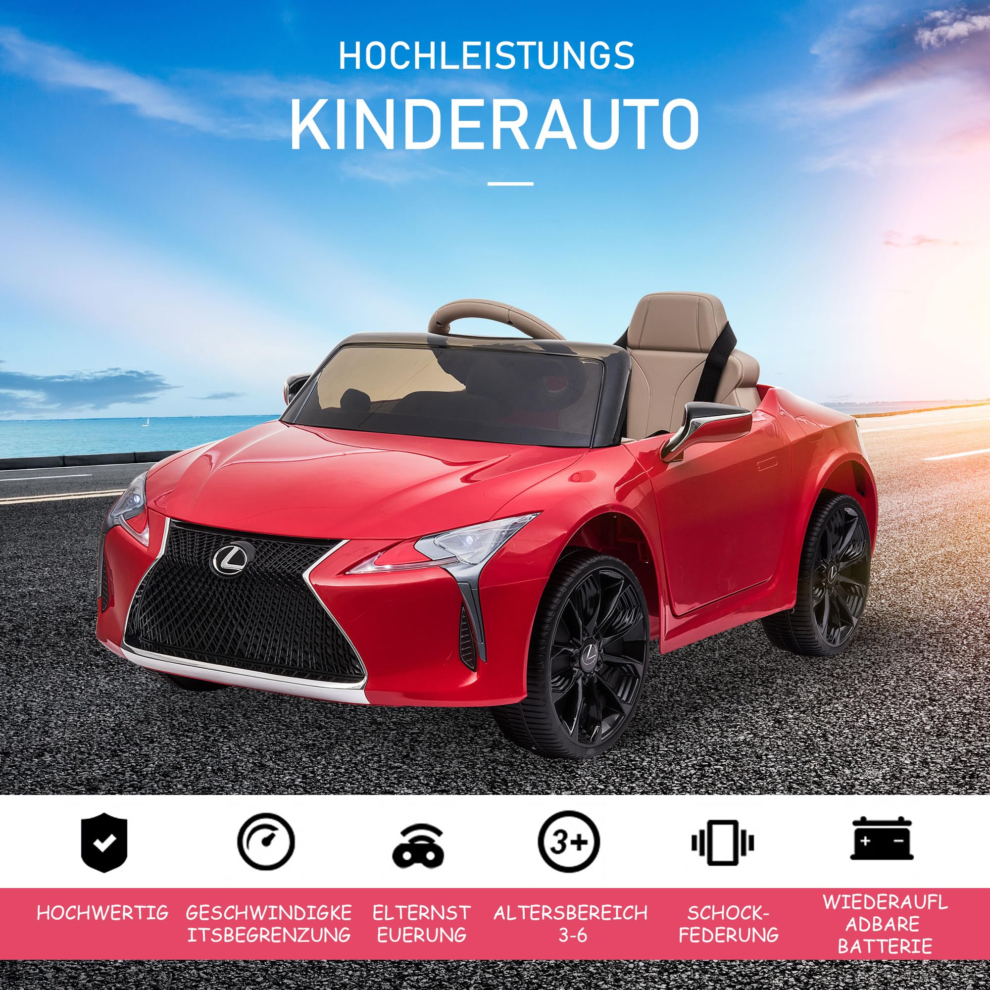 HOMCOM kinderauto van Lexus kindervoertuig elektrische auto met MP3 licht muziek kunststof metaal rood 106 x 63 x 44 cm