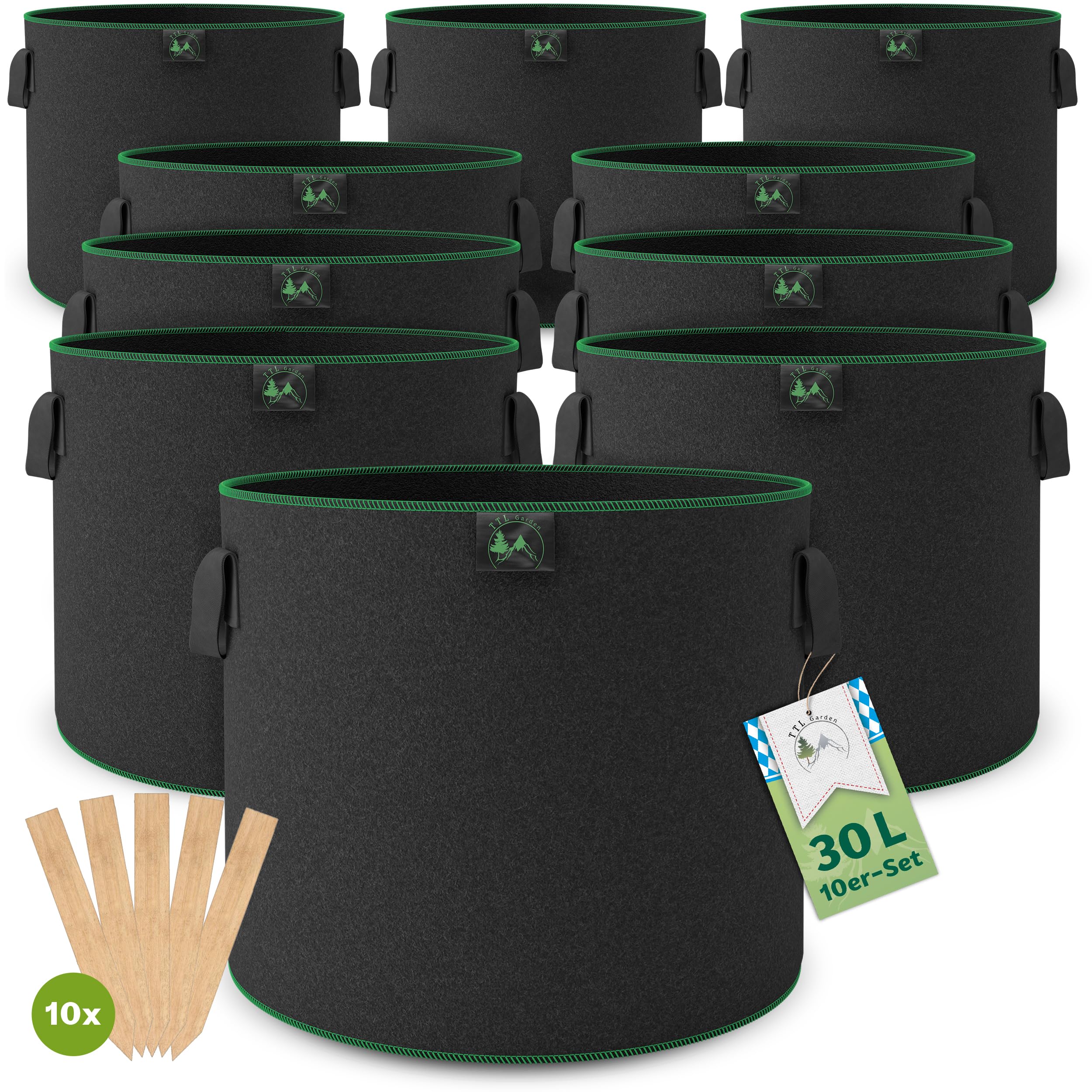 TTL GARDEN 10x 30L Pflanzsack aus Vlies Stoff - 10er Set 30 Liter Pflanztaschen aus 300 g/m² Filz & Vliesstoff Pflanzgefäß Pflanzbeutel Wachstumstasche für Balkon Terrasse Gewächshaus & Garten