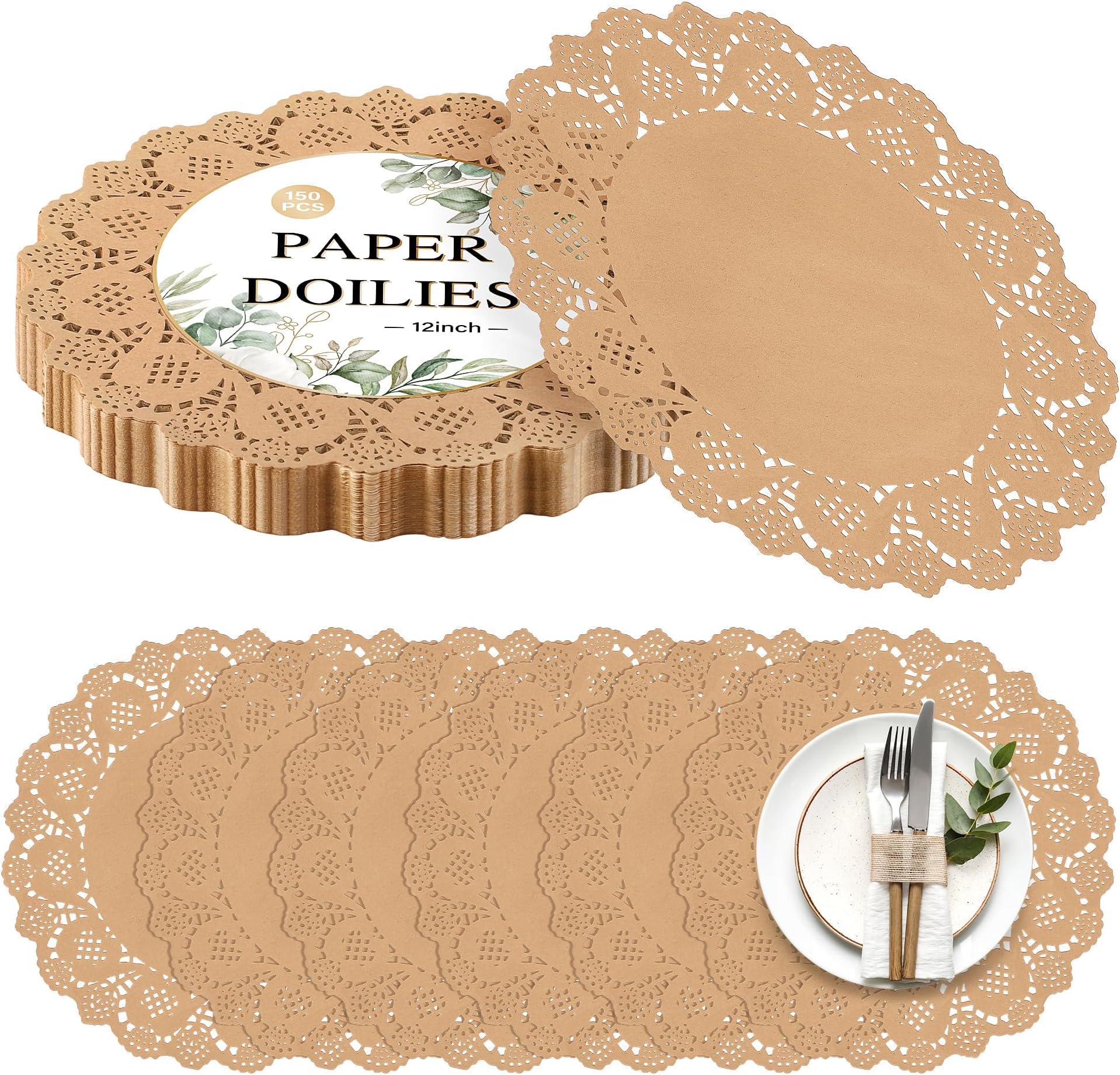 Kochorie 150 Pieces Lace Paper Doilies 12 Inches Round Kraft Brown Paper Doilies Disposable Decorative Placemats for Food Cakes Crafts Party Weddings Tableware Decoration