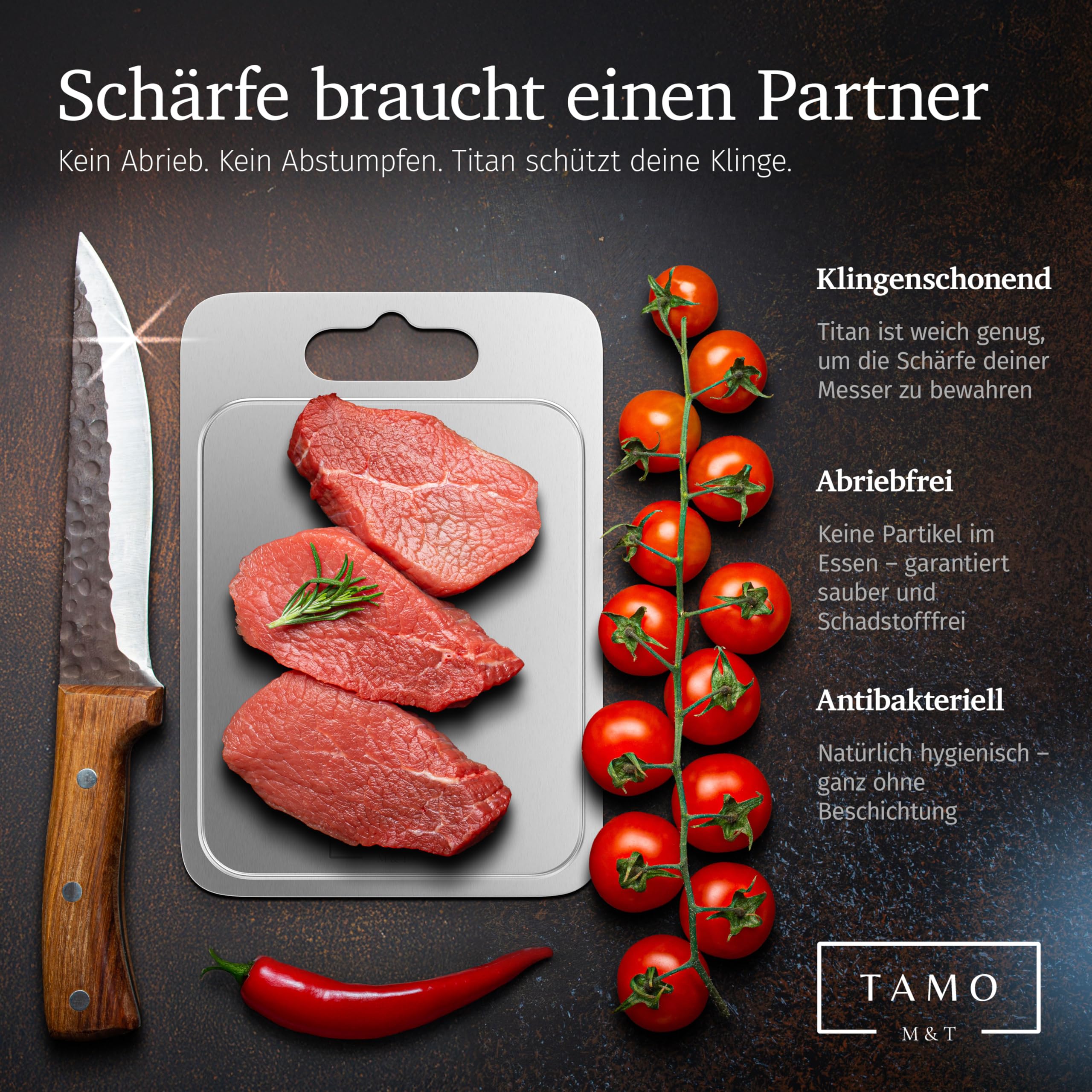 TAMO Titan Schneidebrett, mit Saftrille, aus 100% reinem Titan, hygienisch, antibakteriell & langlebig, titanium chopping board, ideal für Fleisch, Obst, Gemüse, Küche, Camping & Outdoor (L)