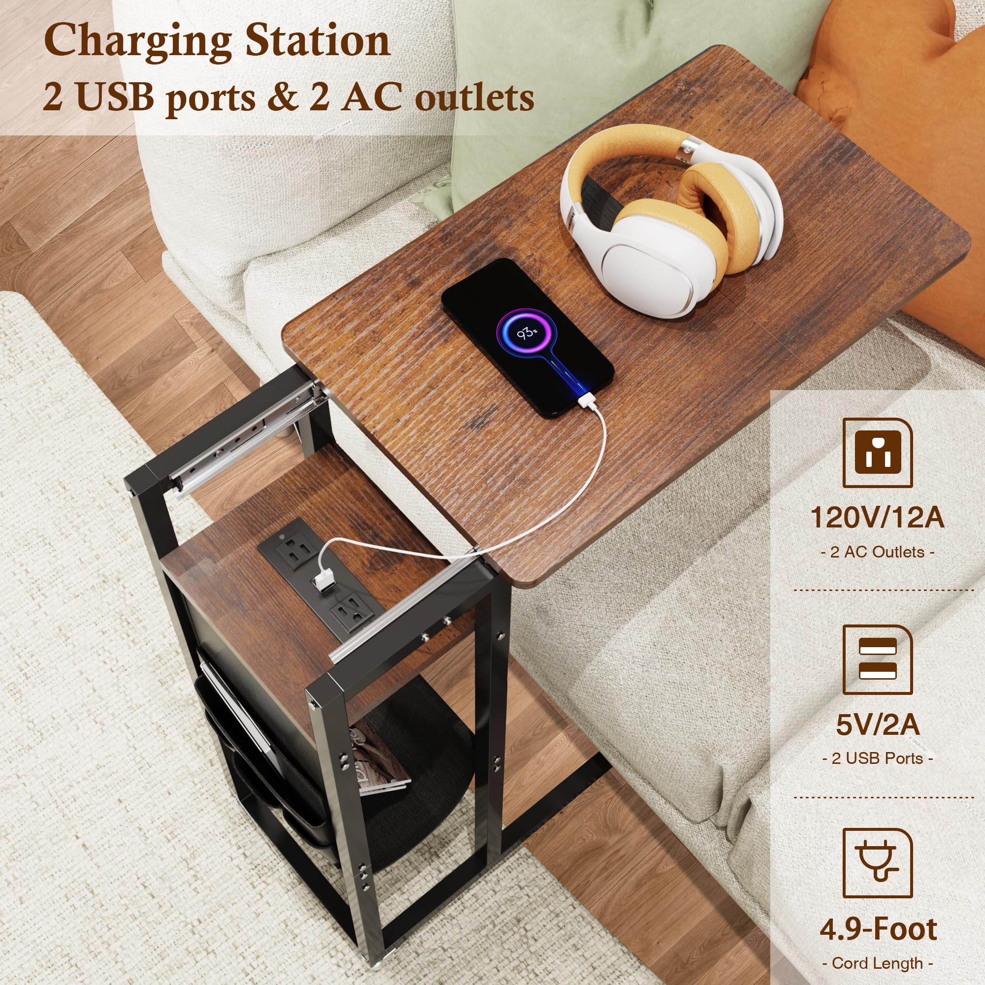 Colima C Shaped Slide Cover End Table with Charging Station, Narrow