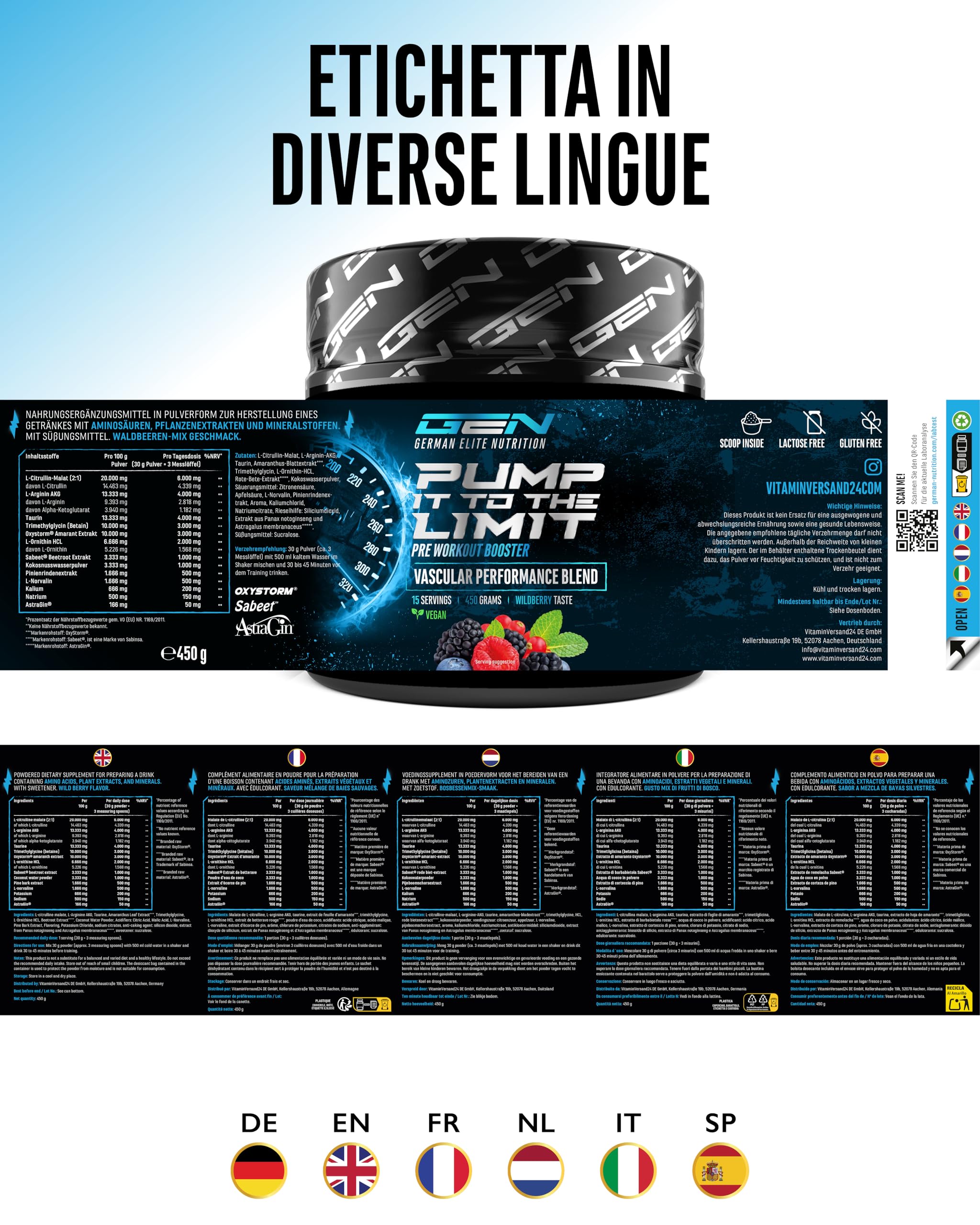 Pump it to the Limit - Pump Booster Senza Caffeina - Con OxyStorm®, Sabeet®, AstraGin®, Citrullina Malato e AAKG - Pre Workout Senza Stimolanti per il Massimo Pump - 450 g Wildberry