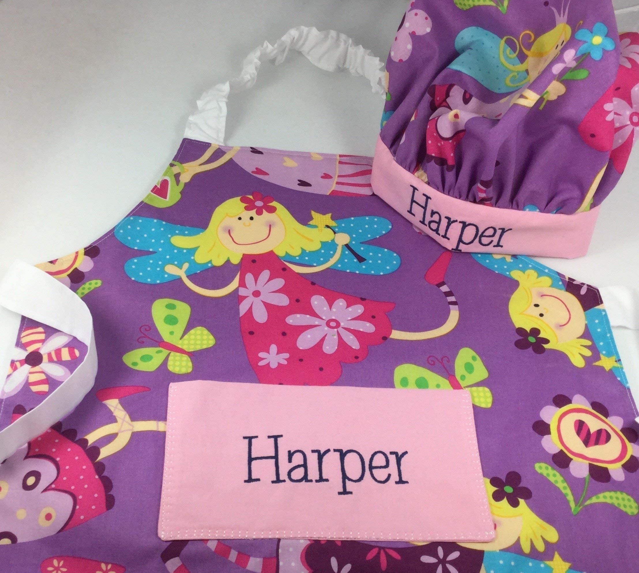 Handmade fairy personalised kids apron with optional name and chef hat. Adult sizes also available.