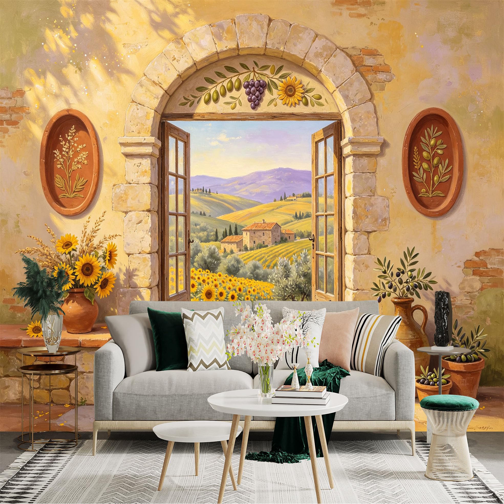 Custom Size Wall Sticker Mural， Rustic Countryside Window View， Sunflower Field and Stone Arch， for wall Decoration， peelandstick wall Decals.