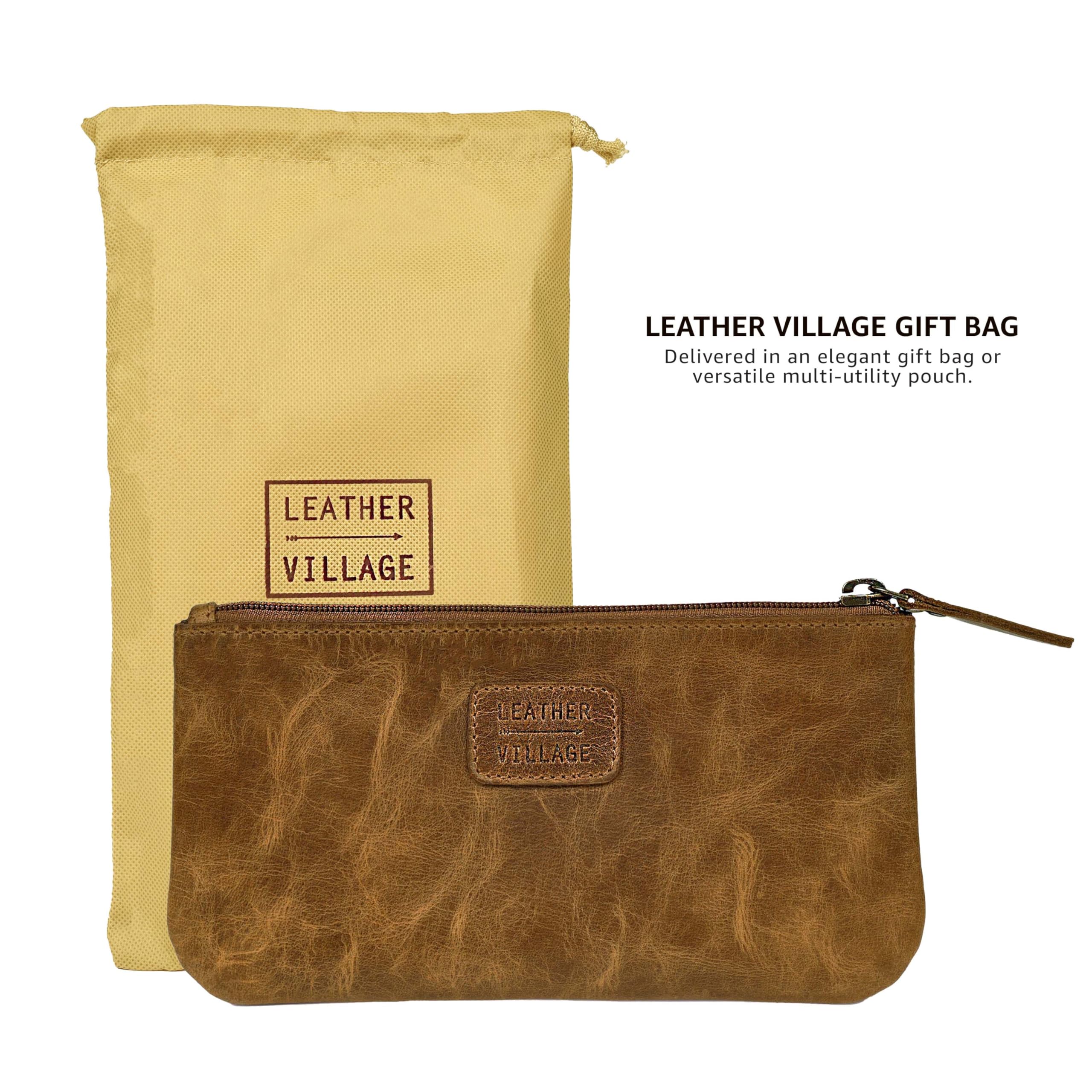 LEATHER VILLAGE Leather Pencil Pouch Pen Case, Tan Brown, 8"X4"- Double Pocket - Image 3