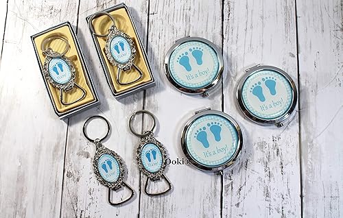 Miniatura 2 de 24 Recuerdos elegantes de huellas de bebé para baby shower, recuerdos de fiesta, espejo compacto, abrebotellas, llavero para bautismo (niño)