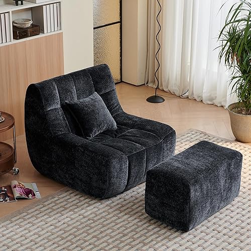 Bean Bag Chair, Giant Bean Bag Couch for Adults and Kids with Memory Foam, Comfy Reading Chair for Bedroom, Living Room, Ultra Soft & Back Support, with Footrest,(Black)