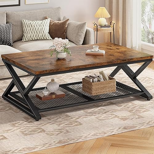 Vista 11 de EnHomee - Mesa de centro con almacenamiento, mesas de centro modernas para sala de estar con estante de malla, mesa central rectangular de 2 niveles