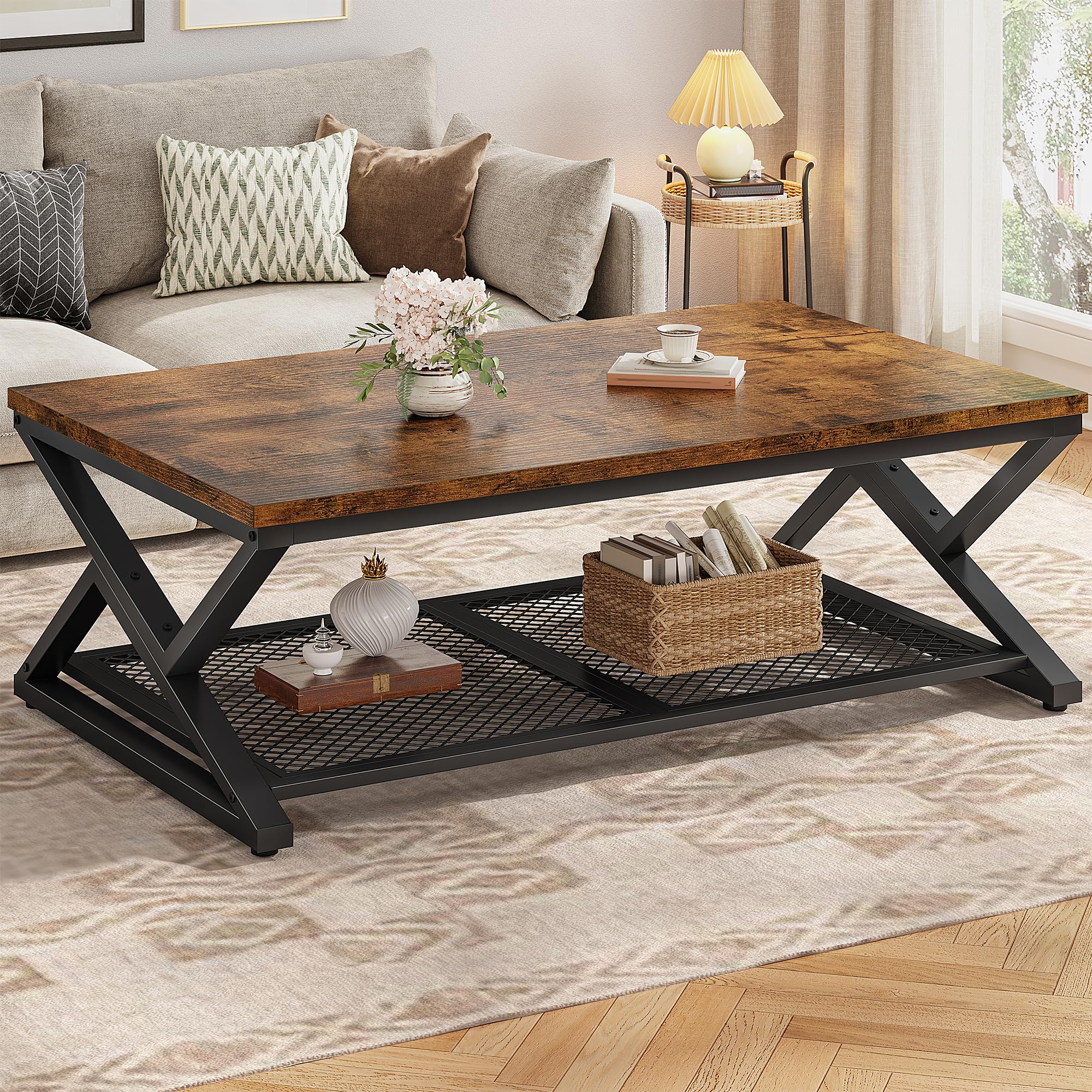 EnHomee Coffee Table with Storage, Modern Coffee Tables for Living Room with Mesh Shelf, 2 Tier Rectangular Center Table for Living Room, Bedroom,