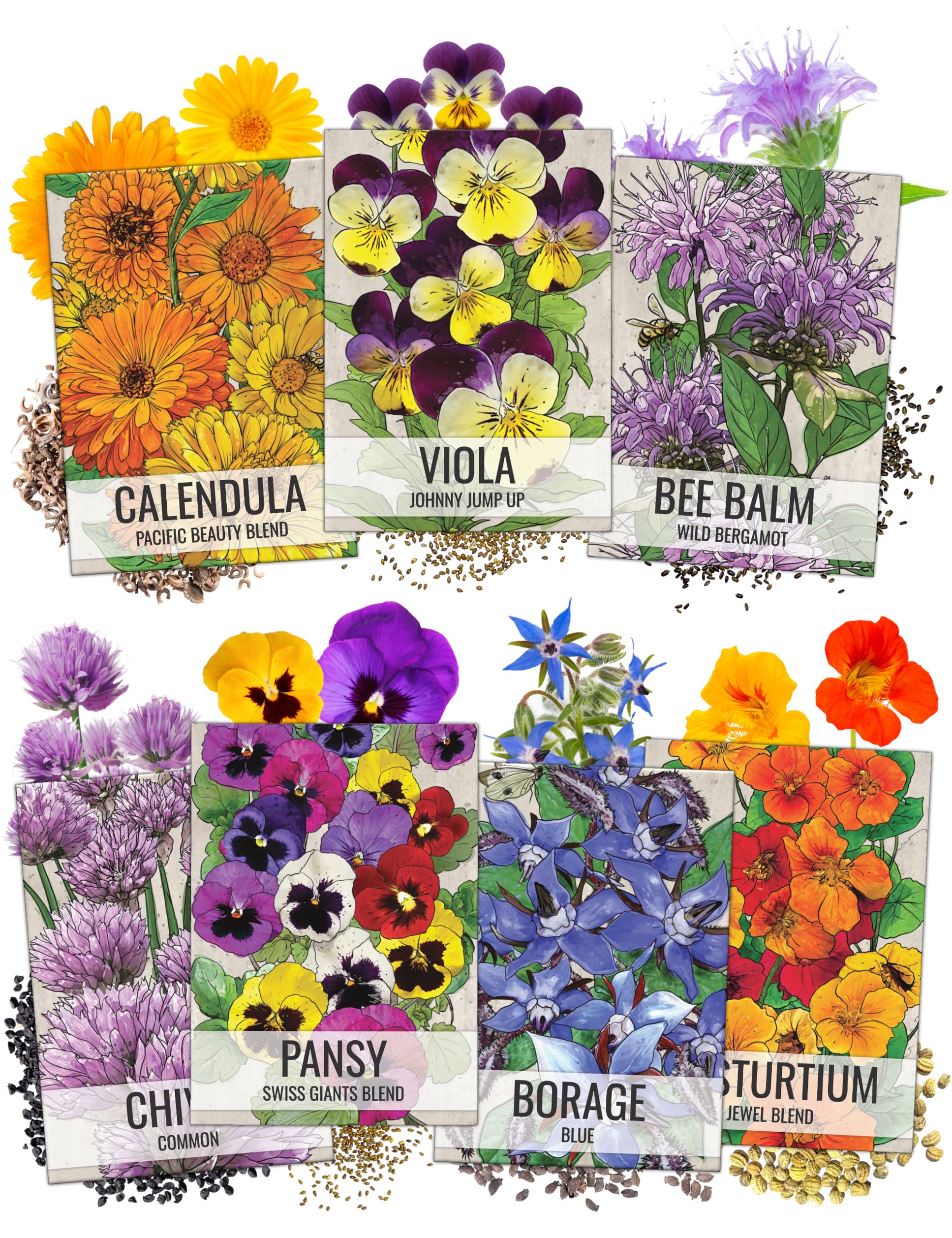 Edible Wildflower Seed Packet Collection (7 Varieties of Flower Seed for Planting) Non-GMO & Untreated - Includes Viola, Pansies, Chives, Borage, Calendula, Nasturtium and Bee Balm