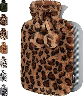 Qomfor Borsa Acqua Calda con Copertura Peluche - Morbida Copertura Premium - 1,8L Grande Capienza - Boule Acqua Calda per Alleviare il Dolore - Leopardato