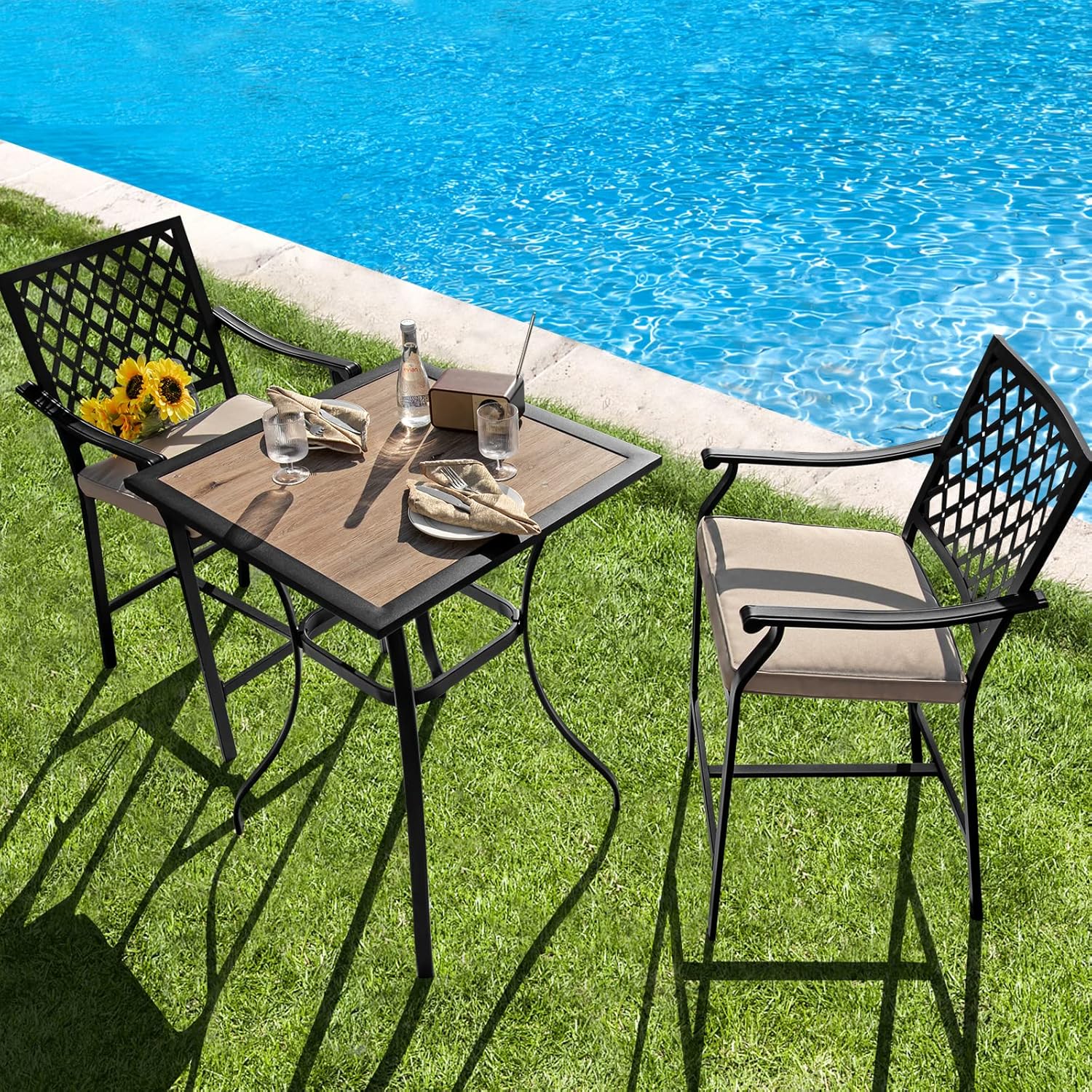 Giantex Set of 2 Patio Bar Chairs Outdoor High Chairs with Cushion Metal Bistro Stool All Weather Patio Dining Chairs Garden Backyard Porch Lawn Poolside