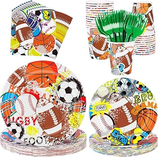 Kochorie 144 Pieces Sports Party Supplies, Sports Tableware Sets Including Disposable Paper Plates Napkins Cups Forks Serves 24 for Birthday Rugby Baseball Basketball Soccer Party Decorations