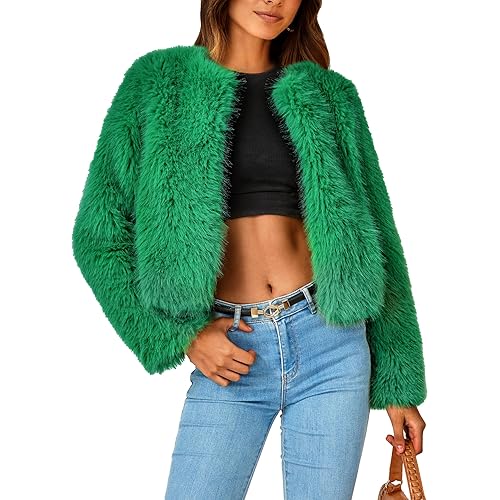 PRETTYGARDEN Womens 2024 Fleece Cropped Jacket Faux Fur Long Sleeve Pockets Shaggy Warm Winter Coat