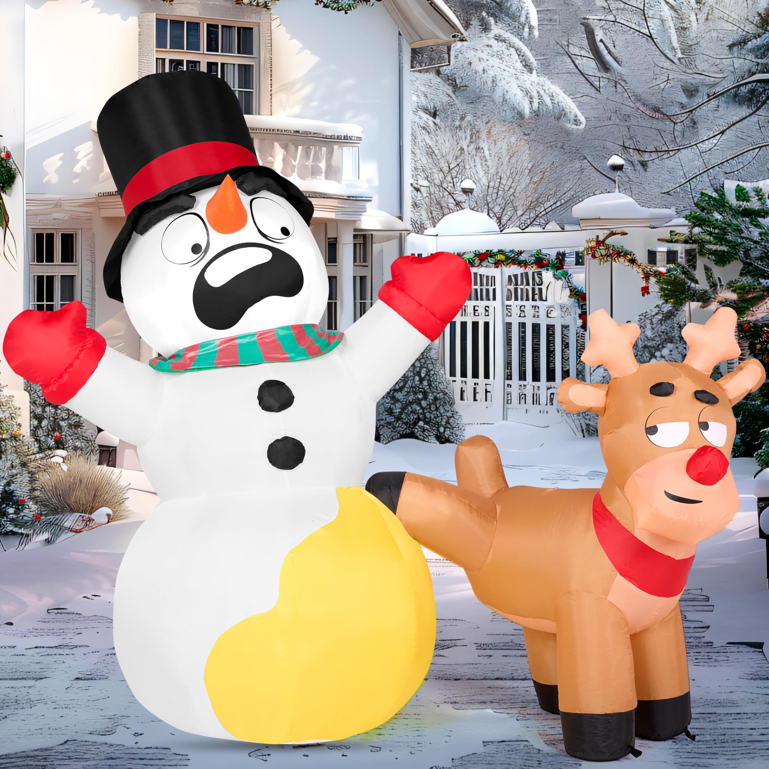 Joiedomi Renne gonflable de Noël de 2 m de long qui fait pipi sur un bonhomme de neige, décorations de Noël gonflables avec LED intégrées pour décoration de fête de Noël, extérieur, intérieur, cour,