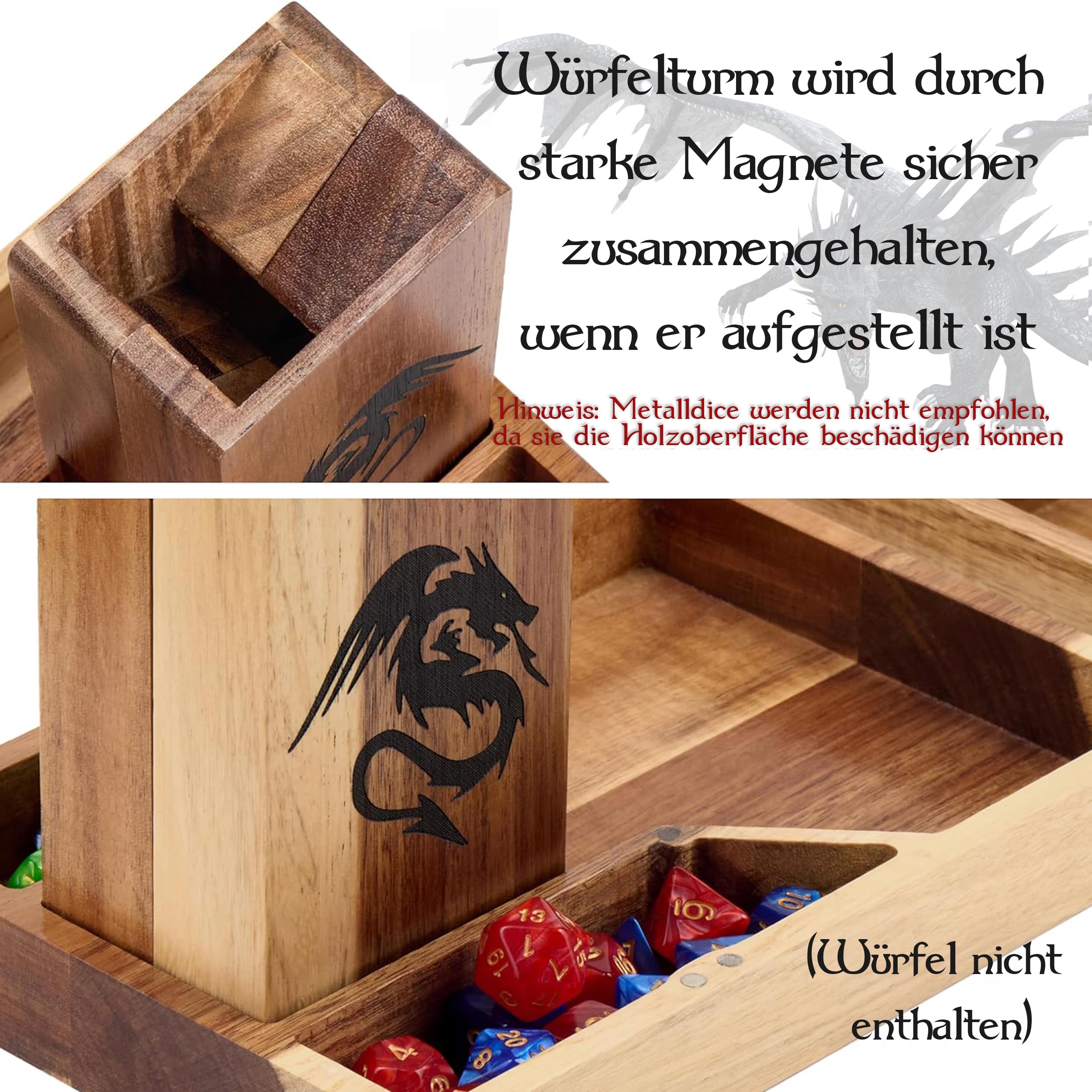 Tapeera Magnetischer Würfelturm aus Holz mit Ablage für Dungeons & Dragons – DND-Zubehör, Würfelrolltablett mit Kammer, tragbarer Rollenturm für Tisch-RPG-Brettspiele – DND-Geschenke
