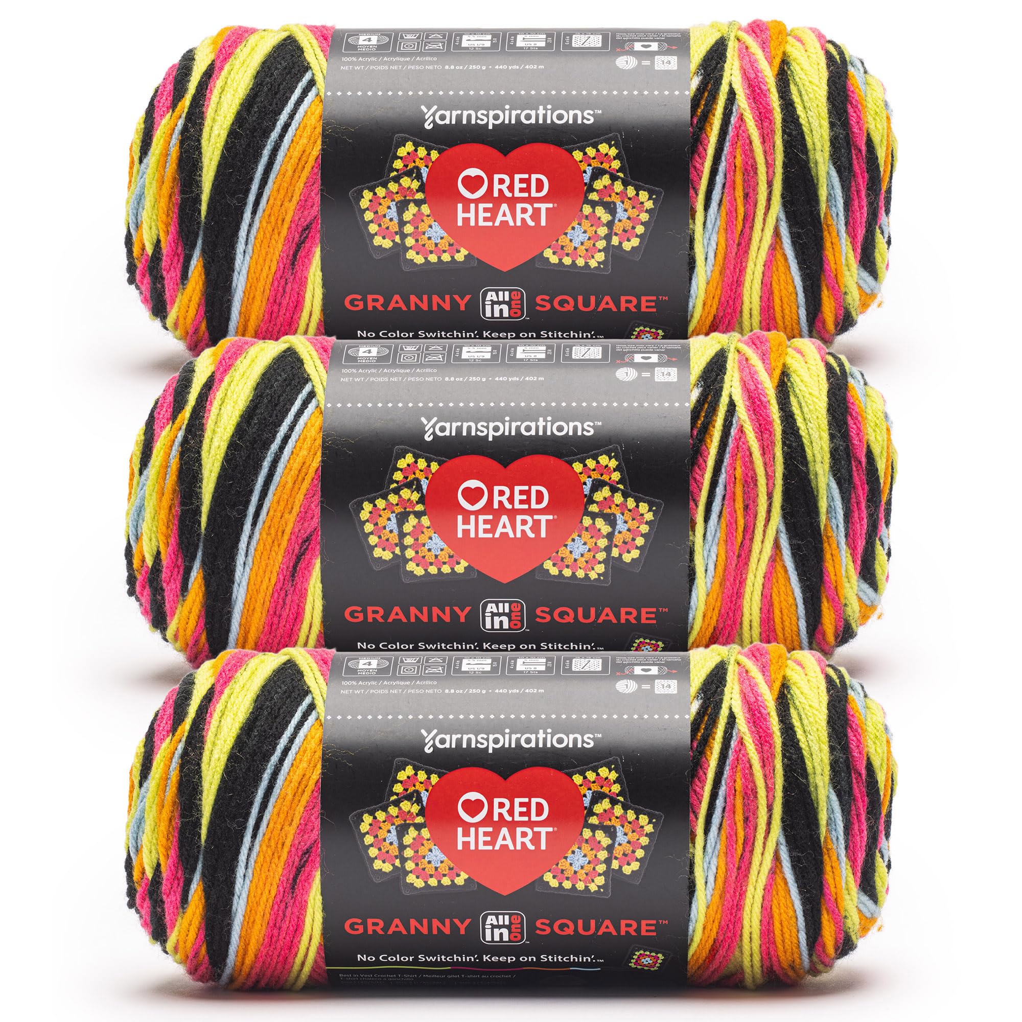 Red Heart All in One Granny Square Black Spicy Lime Yarn - 3 Pack of 250 g / 8.8 oz - 100% Acrylic - #4 Worsted (Medium) - 440 Yards - Knitting/Crochet