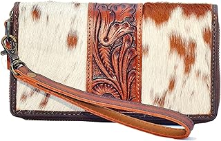Western Bull Clutch for Women Designer Card Wallet for Women Cowhide Fur with hand tooling Design on leather wallet for Women Leather (Brown)