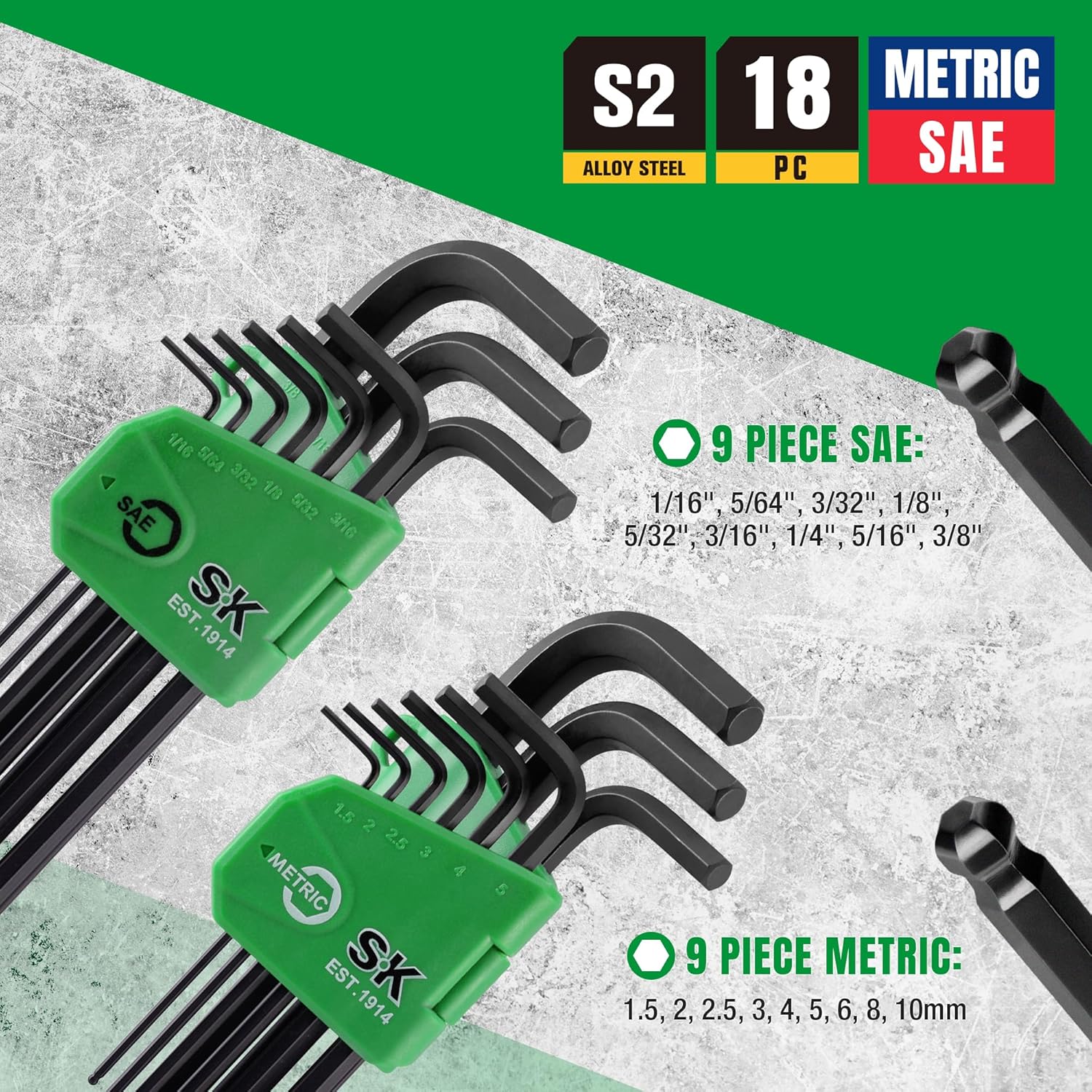SK 18-Piece Allen Wrench Set, Metric & SAE Hex Key Set, L-Shaped, S2 Steel, Black Phosphating Finish