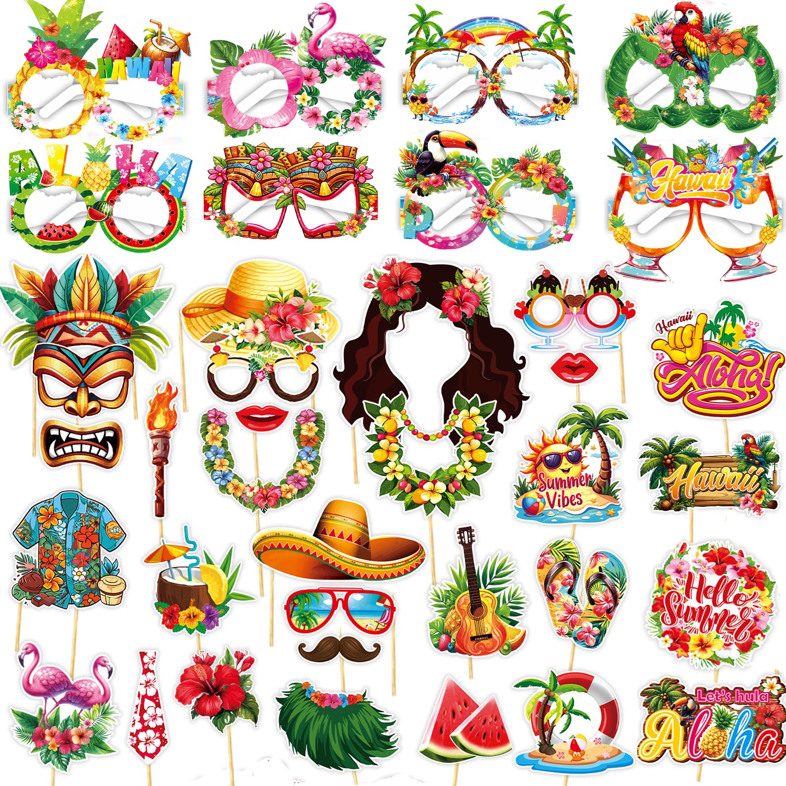 Qpout 38pcs Hawaiian Photo Booth Props Set,Fun Tropical Luau Decorations with Floral Glasses, Perfect for Summer Beach Selfies, Hawaii Theme Parties