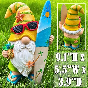Mood Lab Garden Gnome - Surfer Gnome Figurine - 9.1 Inch Tall Funny Lawn Statue - for Outdoor or House Decor