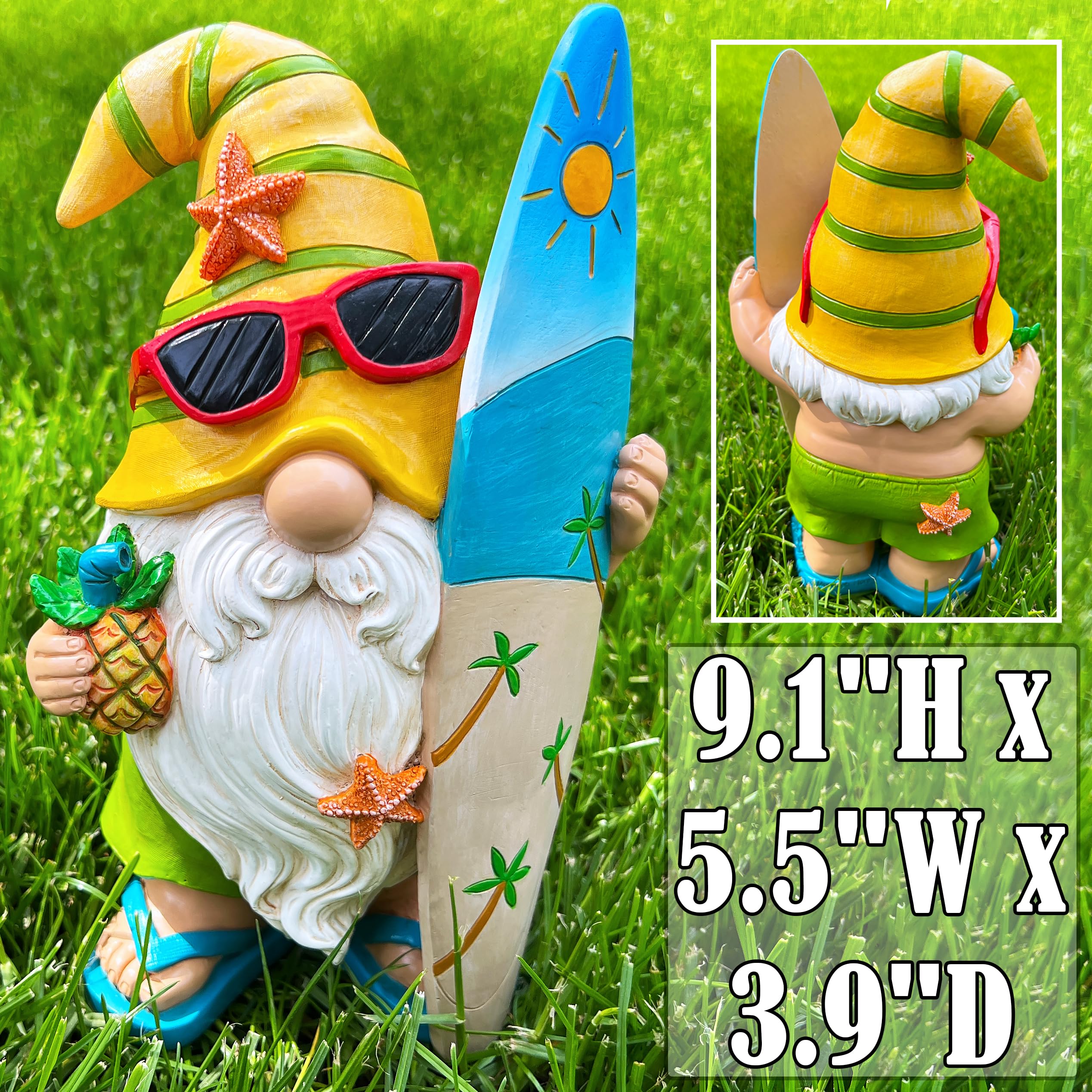 Mood Lab Gnomo de jardín – Figura de gnomo Surfista – 9.1 Pulgadas de Alto, Divertida Estatua de césped – para decoración al Aire Libre o casa