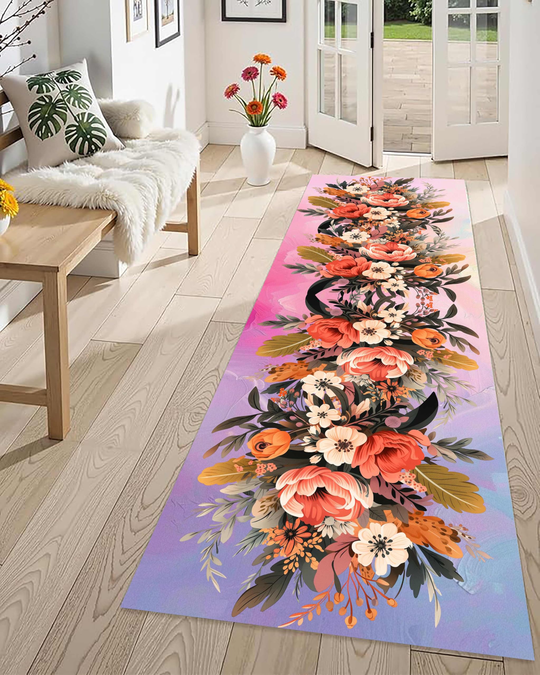 Flowers Runners Rug, 120x360cm,Pink Red Florals Rugs Plant Leaves Beautiful Stylish Corridor Runner Rug Girls Bedroom Long Carpet, Washable Anti-Slip Hallway Throw Rugs for Kitchen Hotel Living Room โ image 1