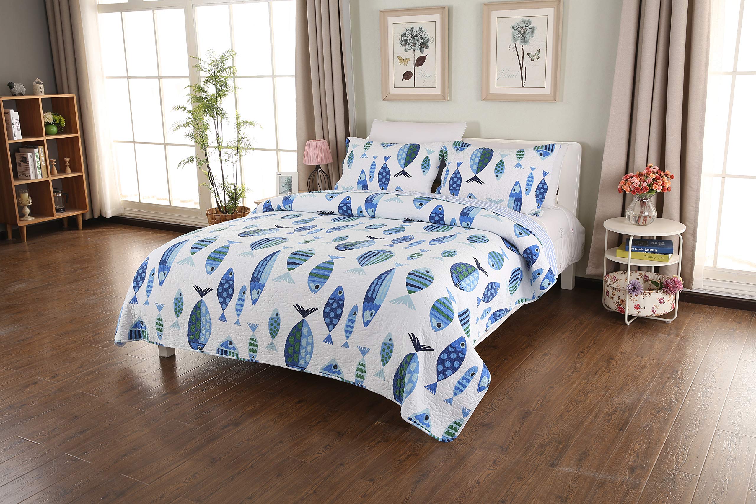 CozyLand Fashion Blue Fish Printd Pattern Washed Design Ultra Soft Lightweight 3-Piece Quilt Set for All Seasons Queen