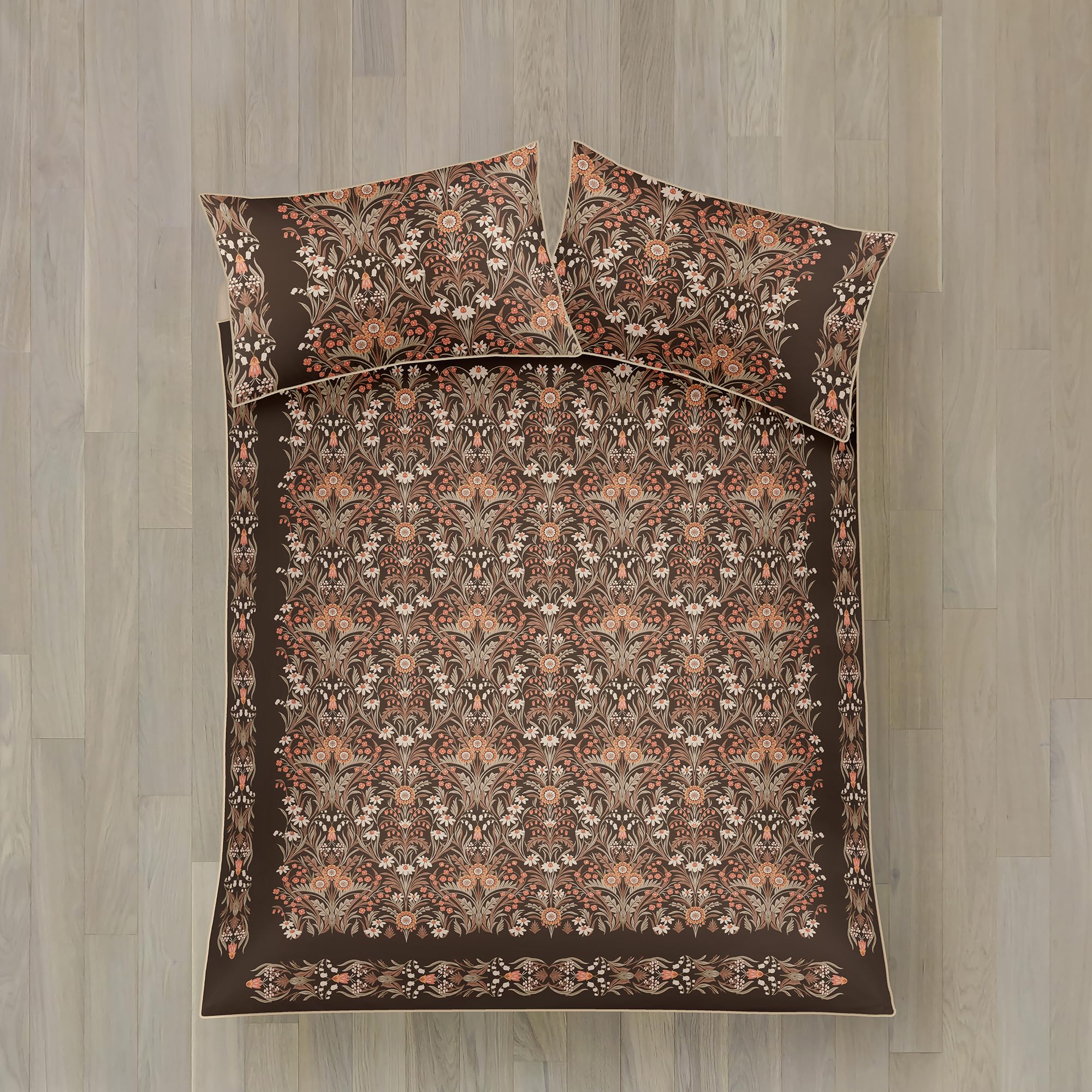 Appletree Spice Heritage Duvet Cover Set, 100% Cotton Sateen, Super-King 260X220cm, Chocolate, Floral Pattern, 200 Thread Count, With 2 Pillowcases, Orange