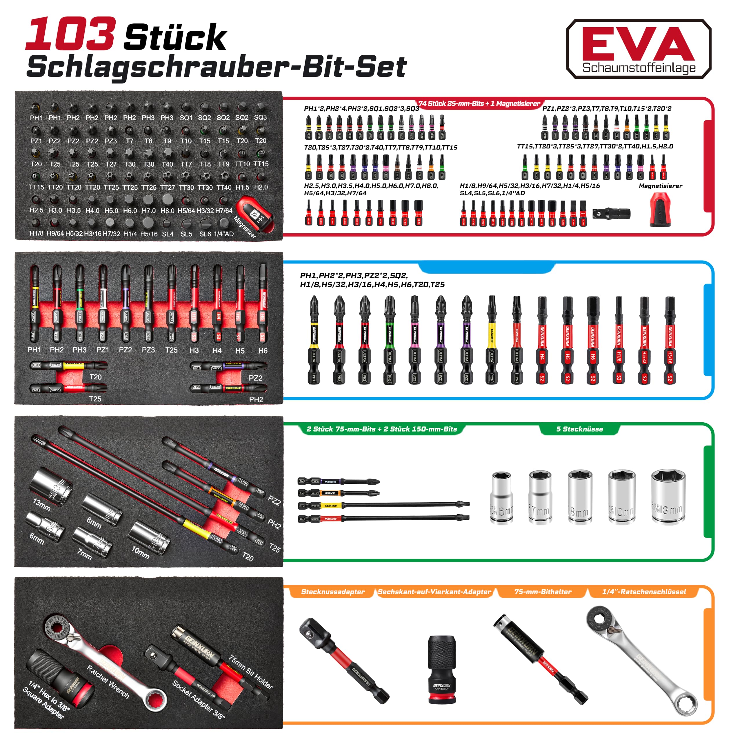 GEINXURN Lot de 103 embouts à choc magnétiques en acier S2 25/50/75/150 mm, tige hexagonale de 0,6 cm, magnétiseur/démagnétiseur, adaptateurs, mini cliquet et porte-embouts avec boîte de rangement en