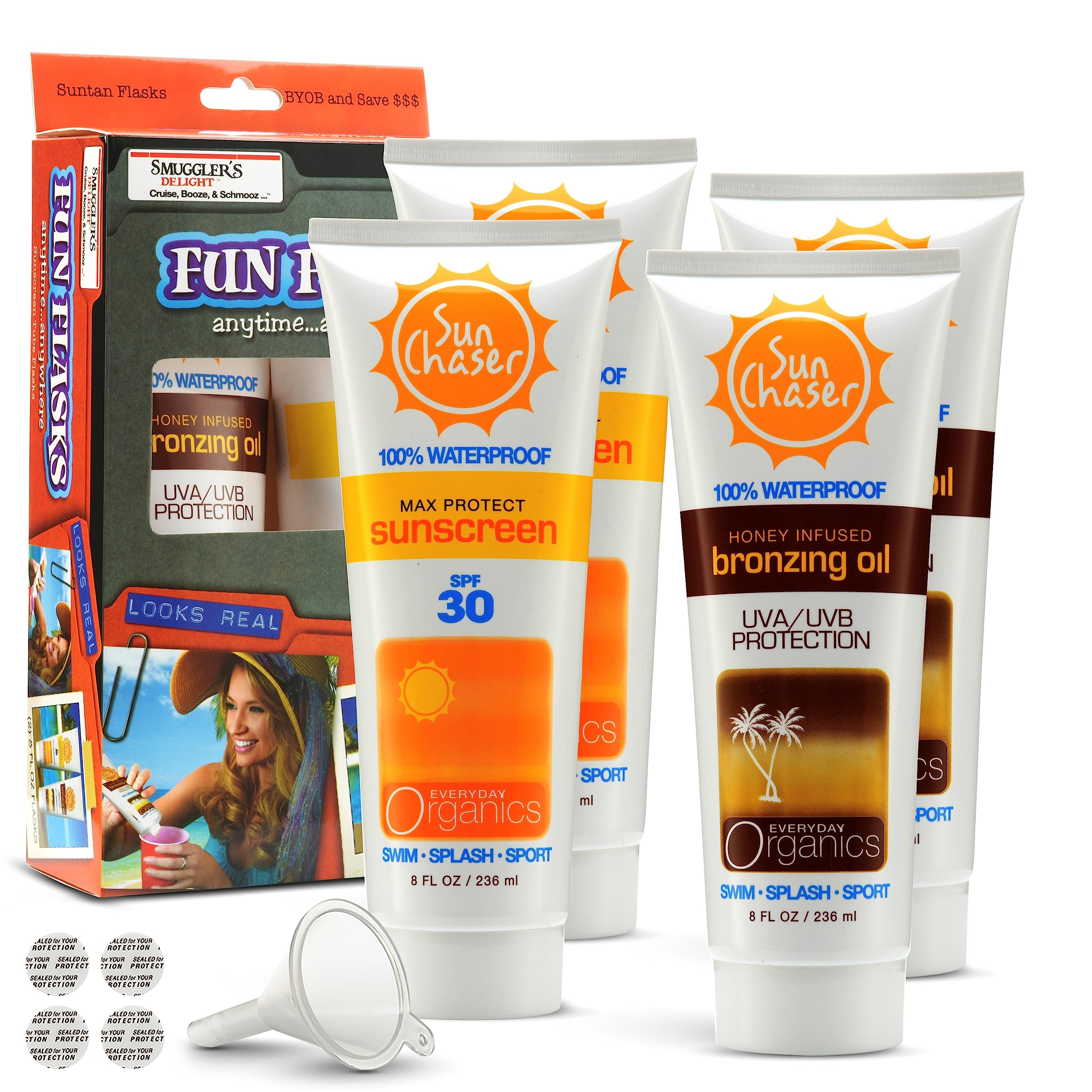 Smuggler's Delight Sunscreen Hidden Alcohol Flask for Cruise Ships & Concerts, Bronzing Oil & Sunscreen Flasks for Hidden Liquor, Set of Four 8oz Bottles, 32oz Total