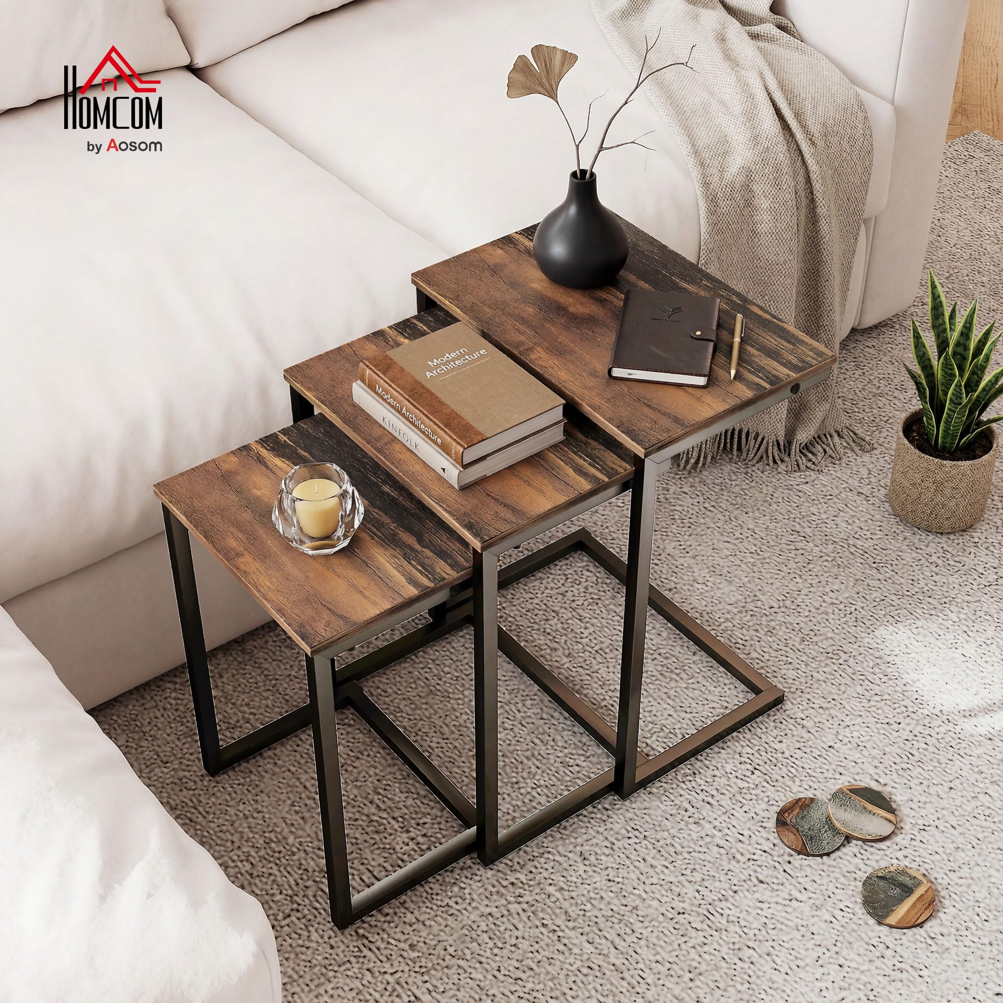 HOMCOM Juego de 3 Mesas Auxiliares Mesas Nido Industrial en Forma de C con Patas de Acero para Salón Dormitorio Oficina 45x30x60 cm 40x28x56 cm y 34x25x50 cm Marrón Rústico