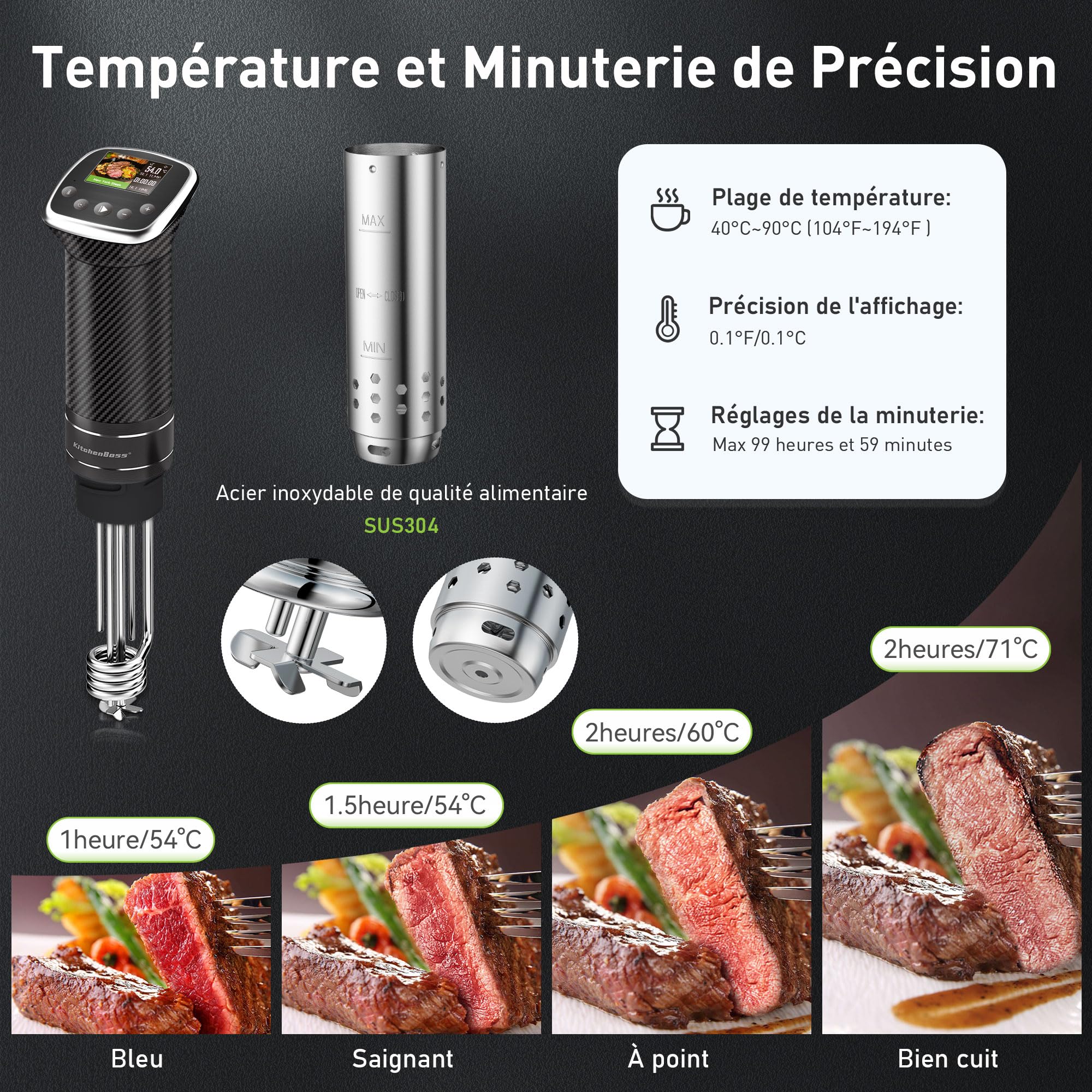 KitchenBoss Thermoplongeur Cuisson Sous Vide: Wifi Thermo Plongeur 1100W APP Contrôle Cuiseur Sous Vide Cooker pour un Contrôle Précis de la Température LCD Display