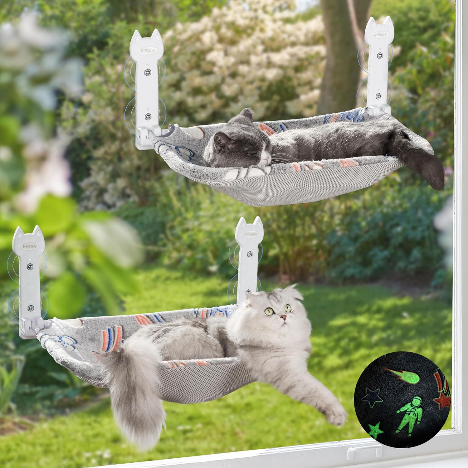 2 Pack Cat Window Perch, Glow in The Dark Foldable Cat Hammock with Sunken Design & Removable Soft Cover, Breathable Cordless Window Bed for Resting Indoor Kitten (Shallow Perch, 2 Pack – L)
