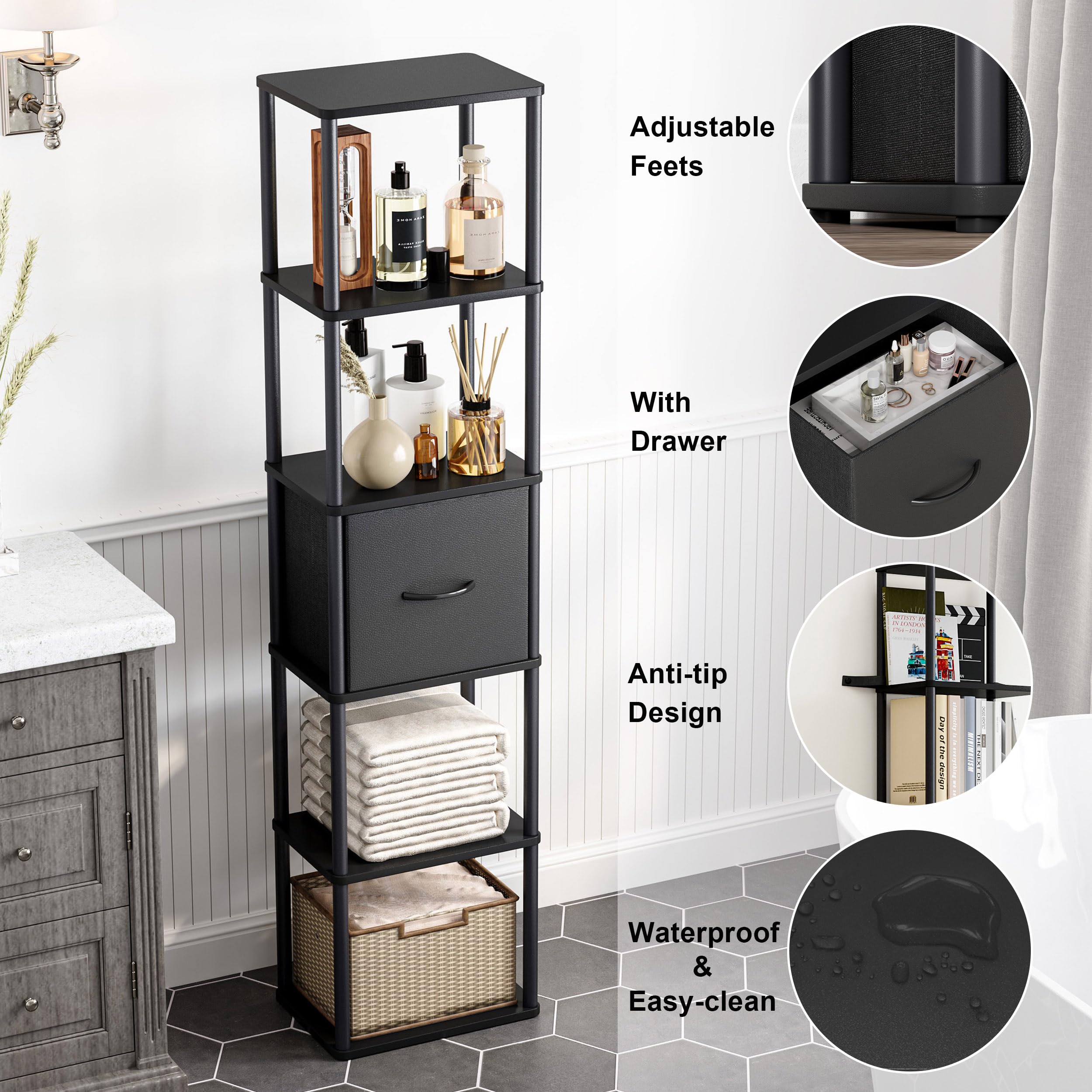 Libreria Angolare a 6 Ripiani Scaffale Salvaspazio Verticale con Struttura in Metallo e Legno Scaffale Libreria con 1 Cassetto per Soggiorno, Camera da Letto e Ufficio Nero HBC505B