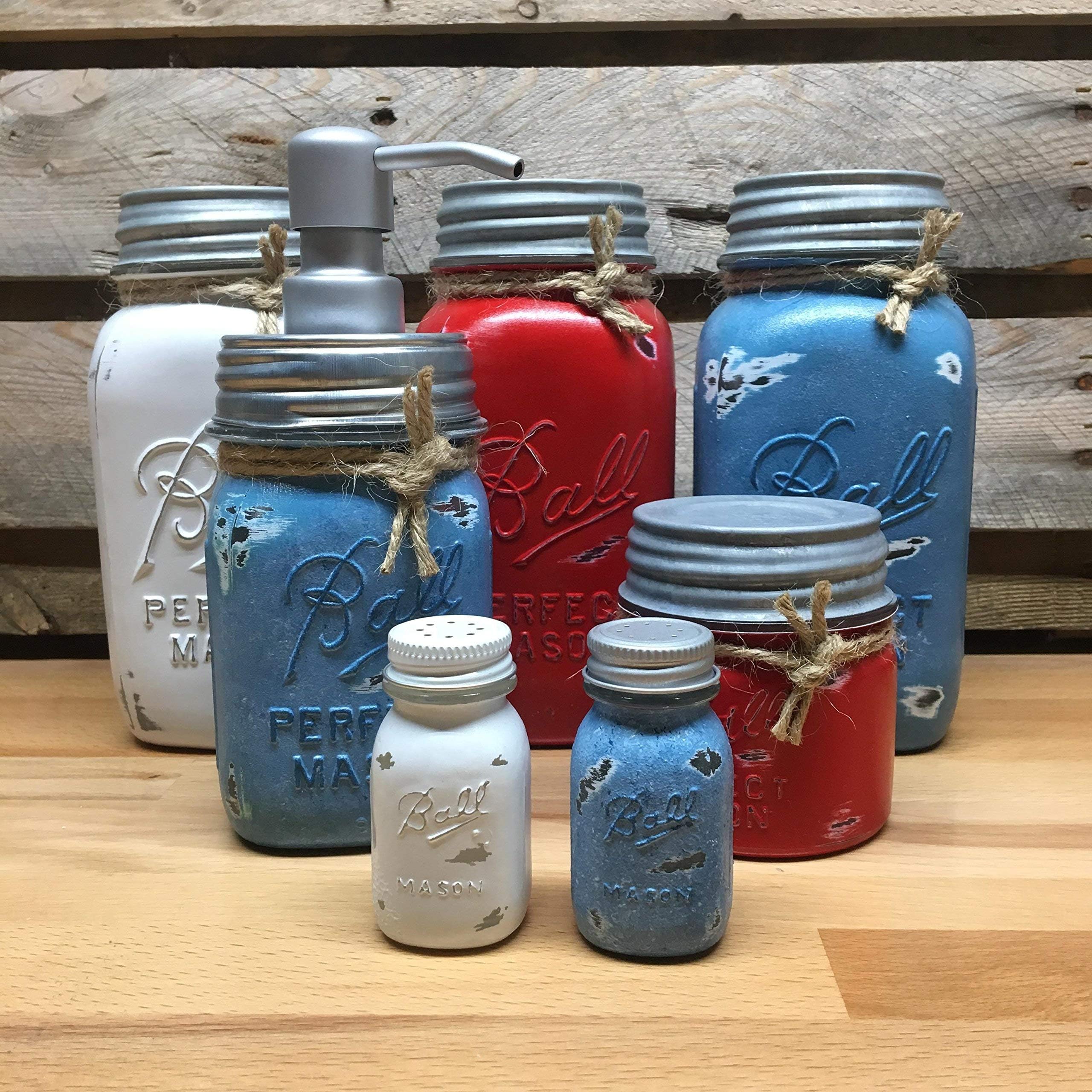 7 Piece Rustic White, Red, and Blue Mason Jar Canister Set with Soap Dispenser and Salt and Pepper Shakers
