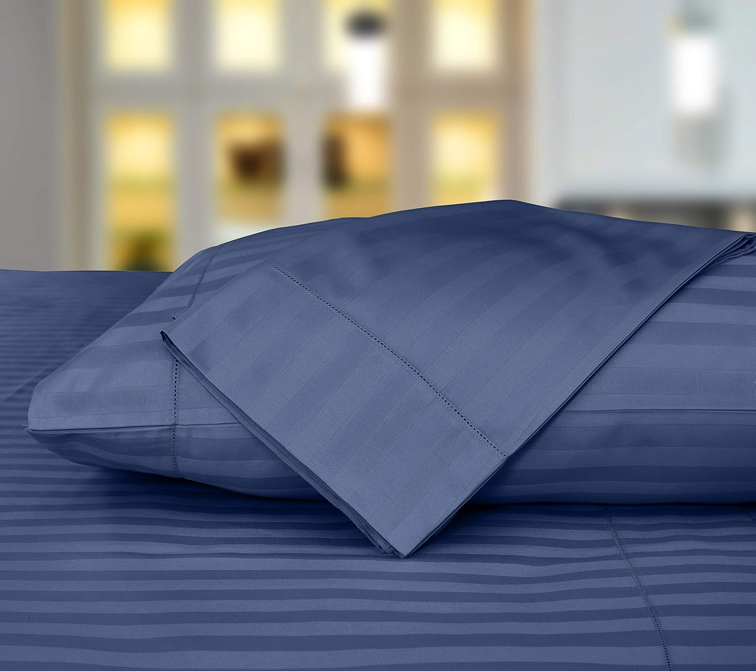 Threadmill King Size Folkstone Blue Luxury Pillowcases - 500 Thread Count Damask Weave, 2 Piece Long Staple Cotton Pillow Protector Set, Silky Soft & Breathable Striped Pillow Covers