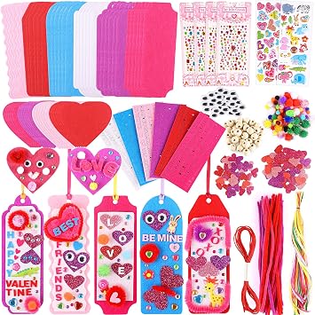 Valentines Day Gifts for Kids - 401 PCS Valentines Day Cards Craft Kit DIY Bookmarks Set, Valentine Craft Kits With Assorted Hearts Stickers Valentines Favors for Kids Classroom Gifts Exchange