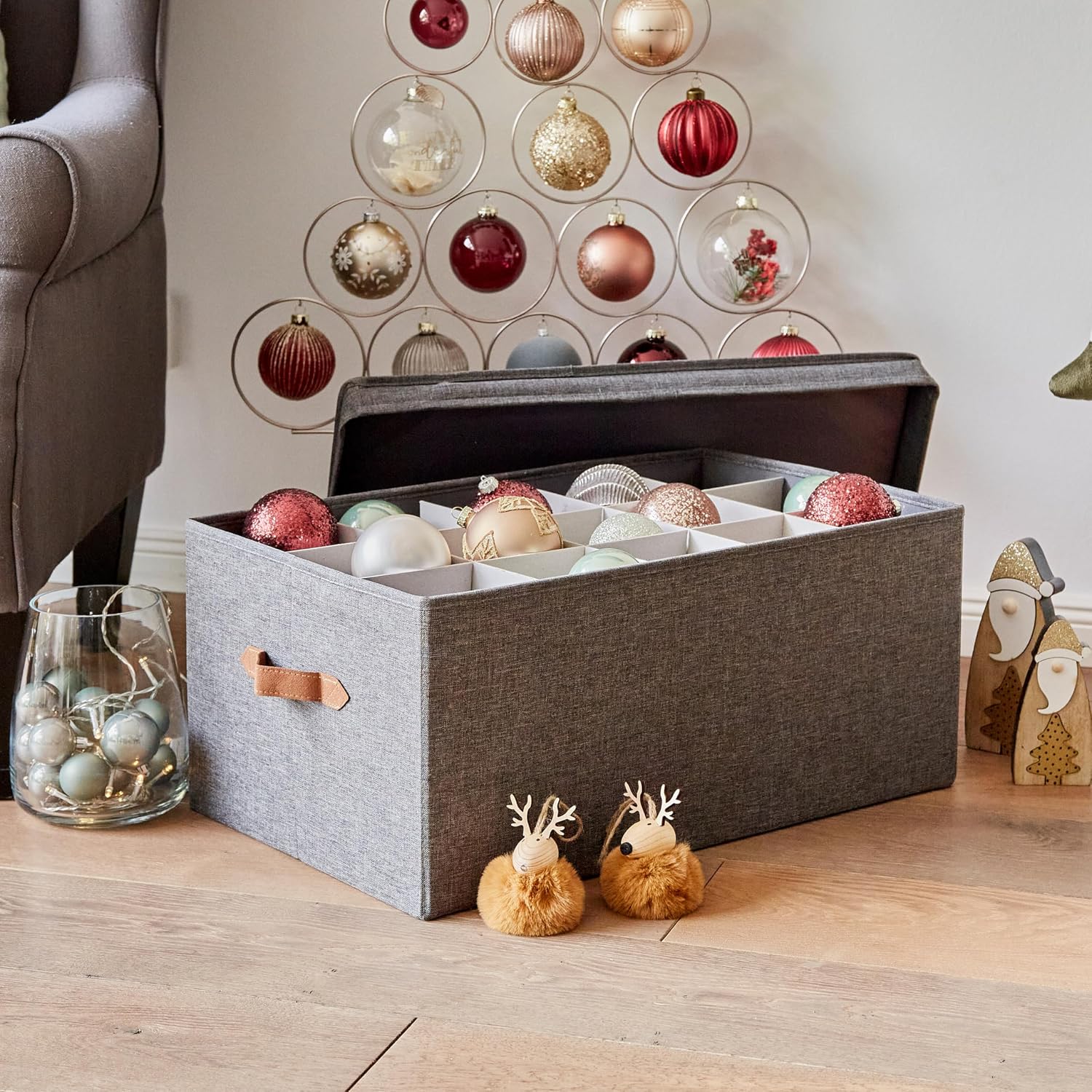 LOVE IT STORE IT Premium Storage Box for Christmas Baubles - Box for Fabric Christmas Tree Decorations - 30 Compartments, Tray Completely Removable - Grey - 58 x 36 x 25 cm
