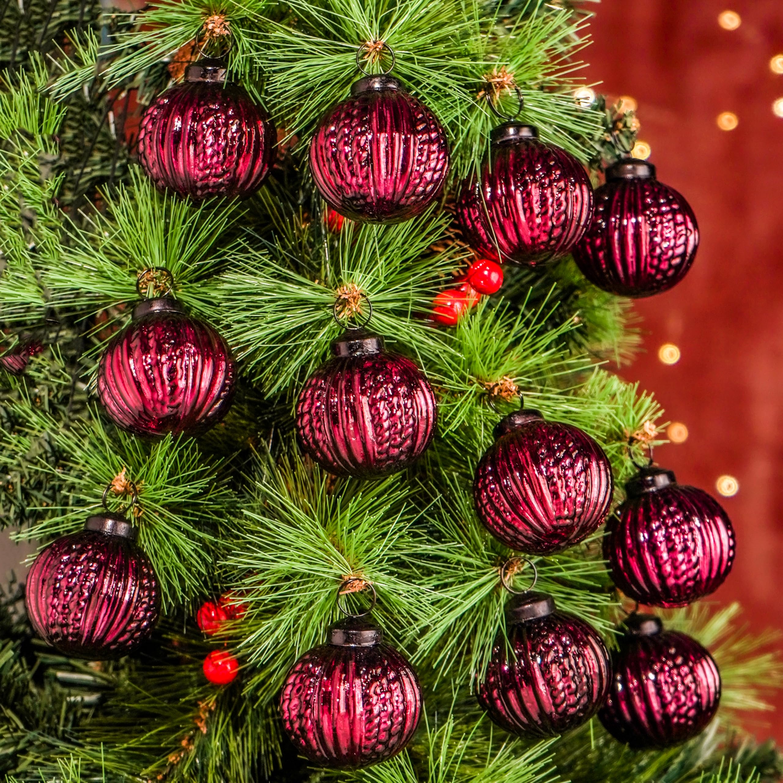 IndianShelf 12 große Vintage-Weihnachtsschmuck, Weinrot, einzigartige Quecksilber-Glas-Weihnachtskugeln für Weihnachtsbaum, Halloween, Neujahr, Valentinstag, Feiertage, Event und Hochzeit
