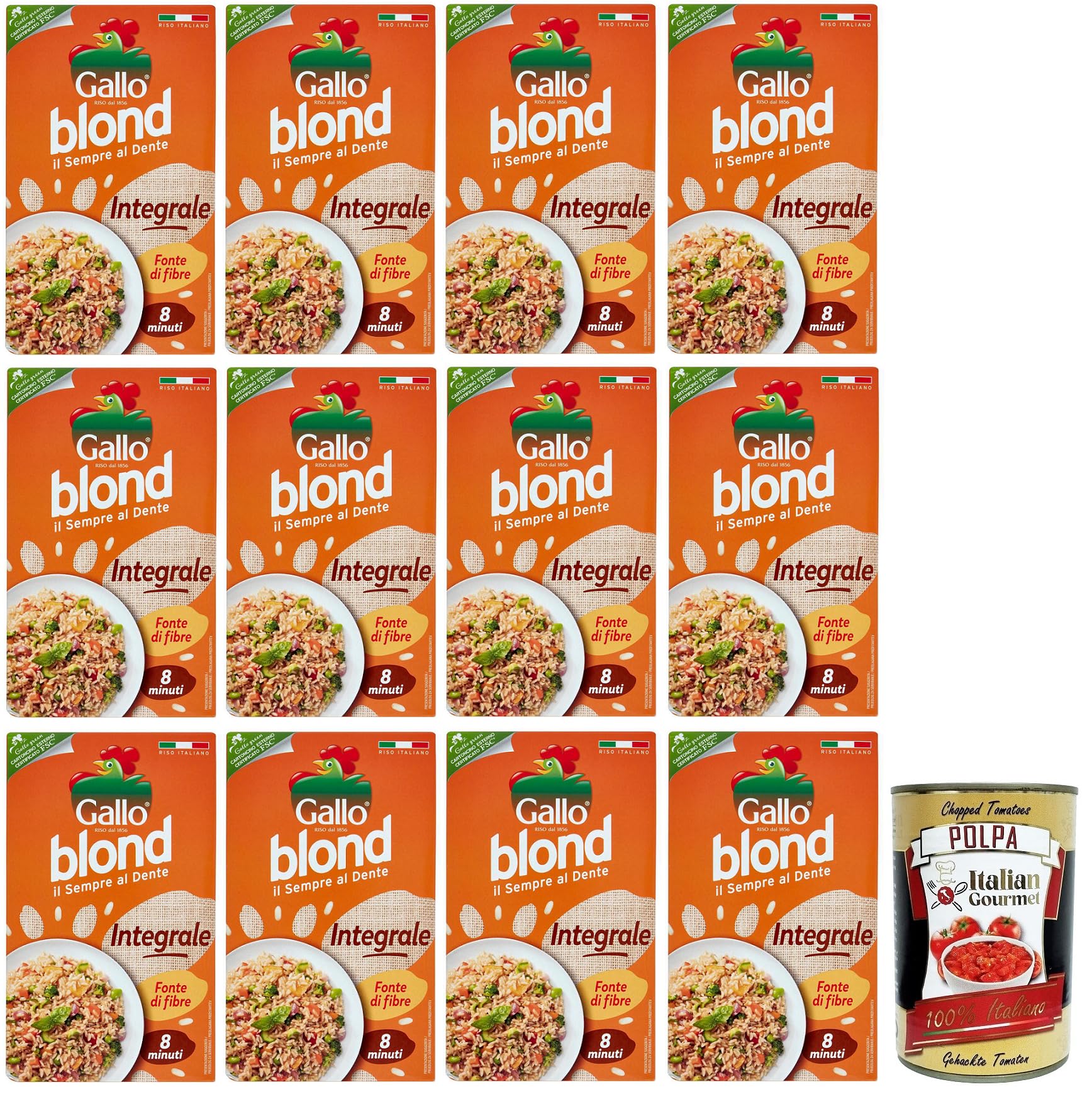 Italian Gourmet Riso Blond Integrale Vollkornreis 12 x 1kg, Kochzeit 8 Min | 100% chicchi italiani, fonte di fibre; körnig, vielseitig für Salate, Bowls, Gesamtnettogewicht 12 kg + Kostenlos Polpa 400g