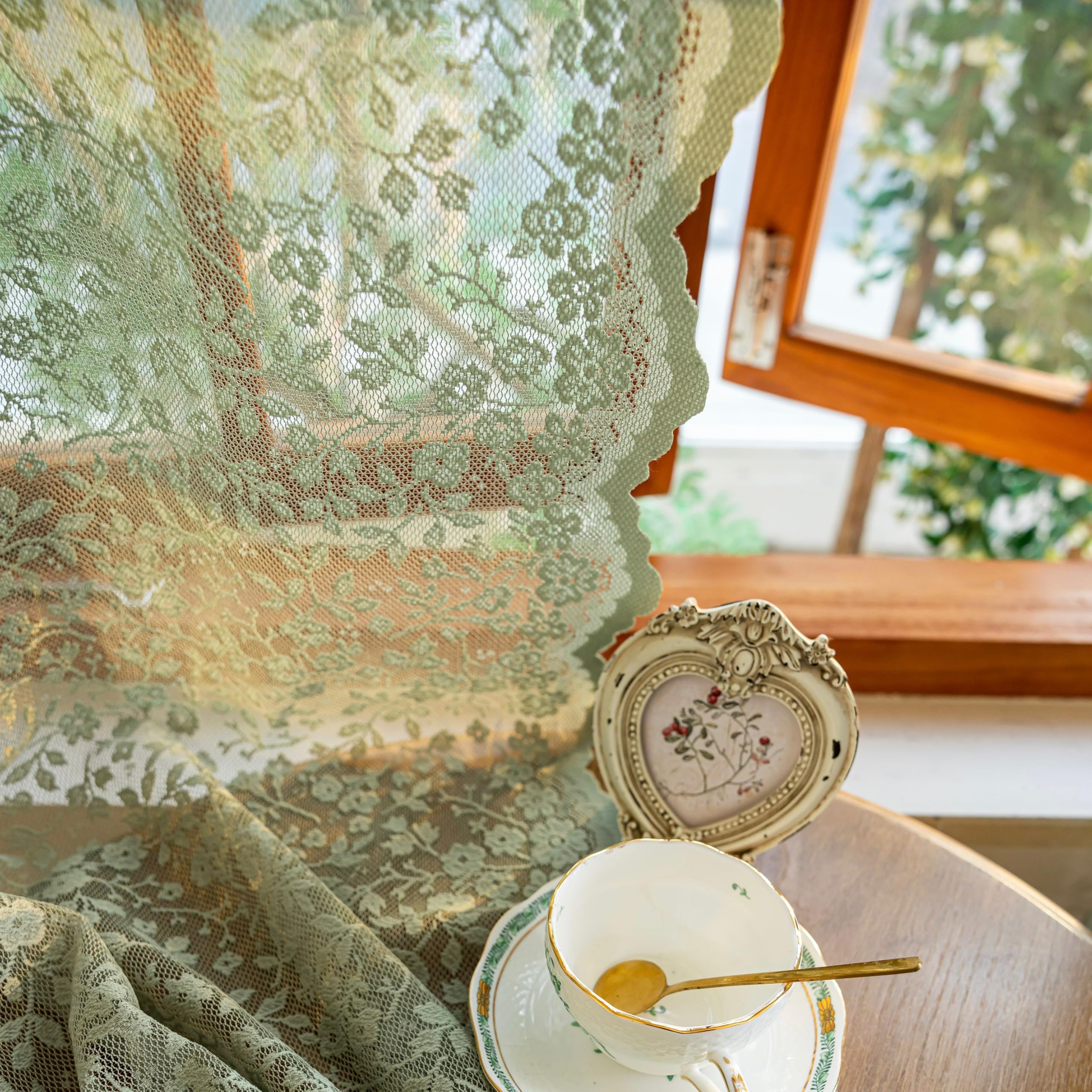 Luyicozy Sage Green Boho Floral Lace Sheer Curtains with Scalloped Edges Semi Sheer Rod Pocket Window Treatments for Living Room Bedroom, Light