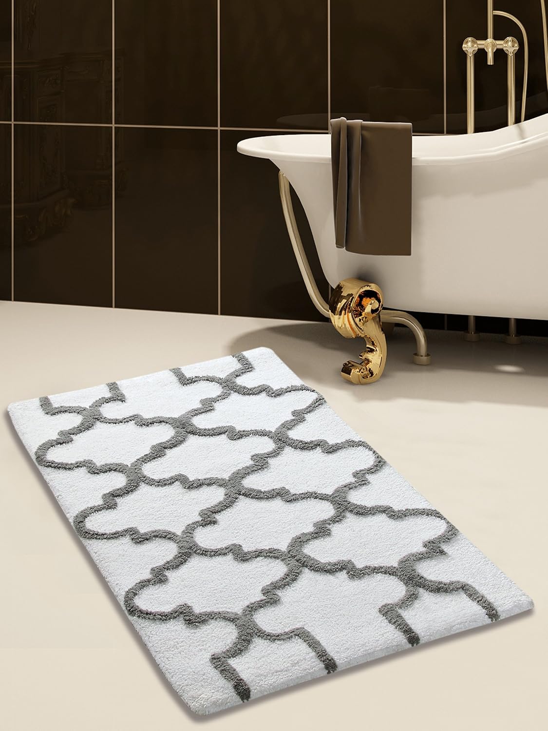 Bath Rug 100% Soft Cotton, Size 36x24 Inch, Latex Spray Non-Skid Backing, White/Grey Color, Geometric Pattern, Hand Tufted, Heavy 190 GSF Weight, Machine Washable, Rectangular Shape