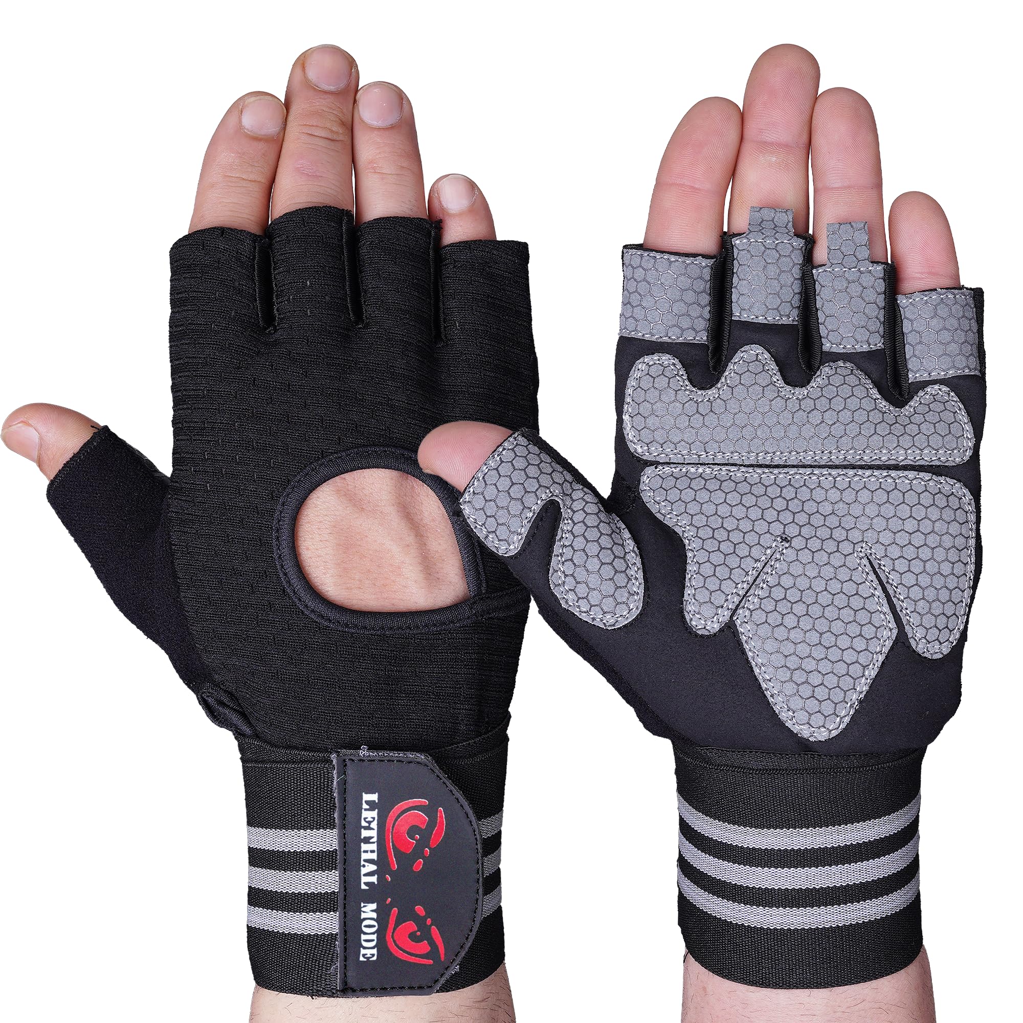 LETHAL MODE Gym Gloves for Men & Women – Weight Lifting, CrossFit, Workout & Cycling Gloves Long Wrist Wrap – Fingerless Grip Gloves Enhanced Performance and Hand Protection (Black-Long Straps, XL) — image 1