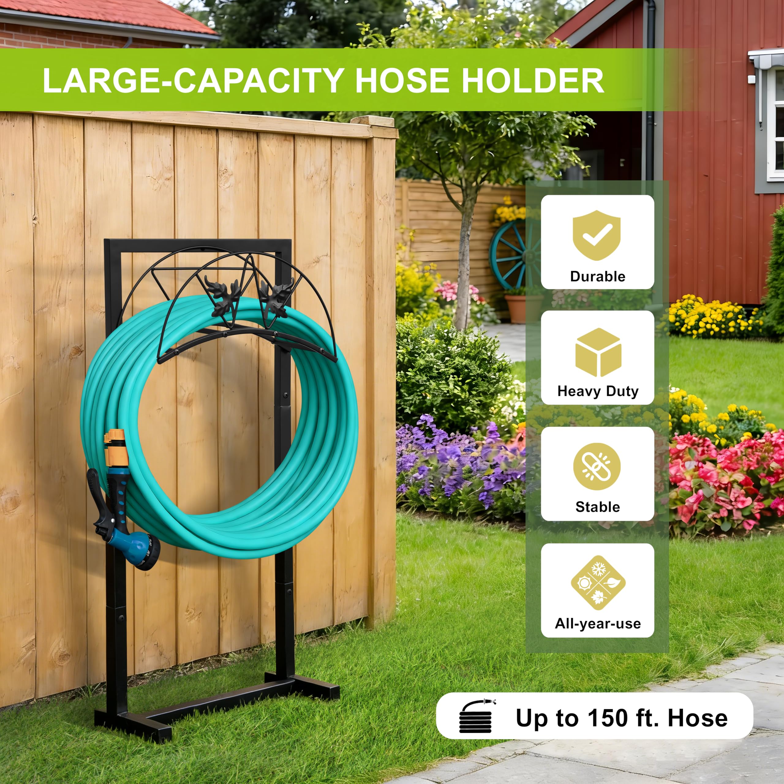 ATR ART TO REAL Soporte para manguera de jardín, colgador de manguera independiente con recubrimiento en polvo de acero, almacenamiento sin enredos y mantiene el patio ordenado, 100 cm de alto x 45 cm