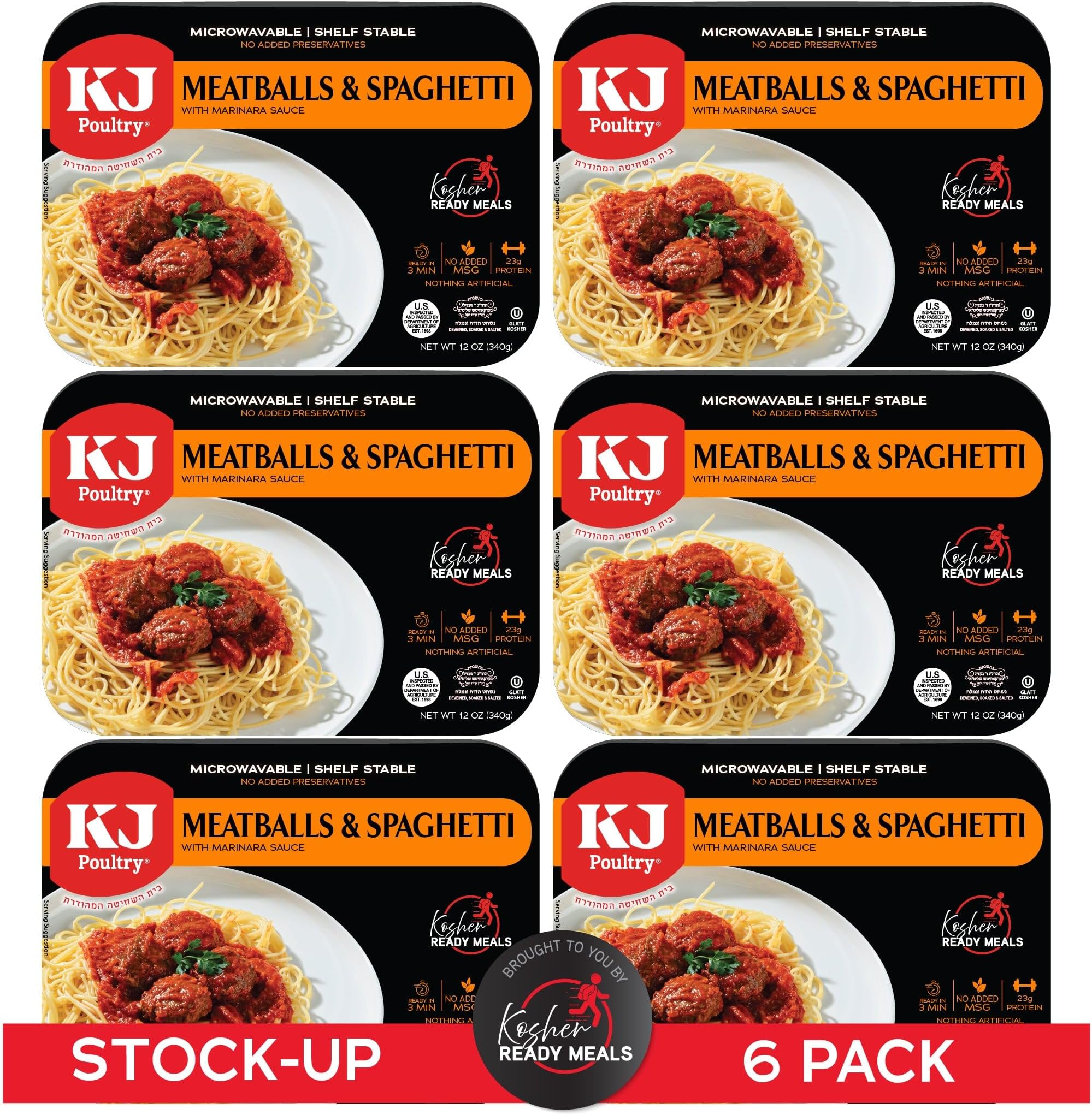 KJ Poultry Kosher Ready Meals - Spaghetti & Meatballs, MRE Meals Ready to Eat (6 Pack) Prepared Entree Fully Cooked, Shelf Stable Microwave Dinner Travel, Military, Camping, Emergency Survival